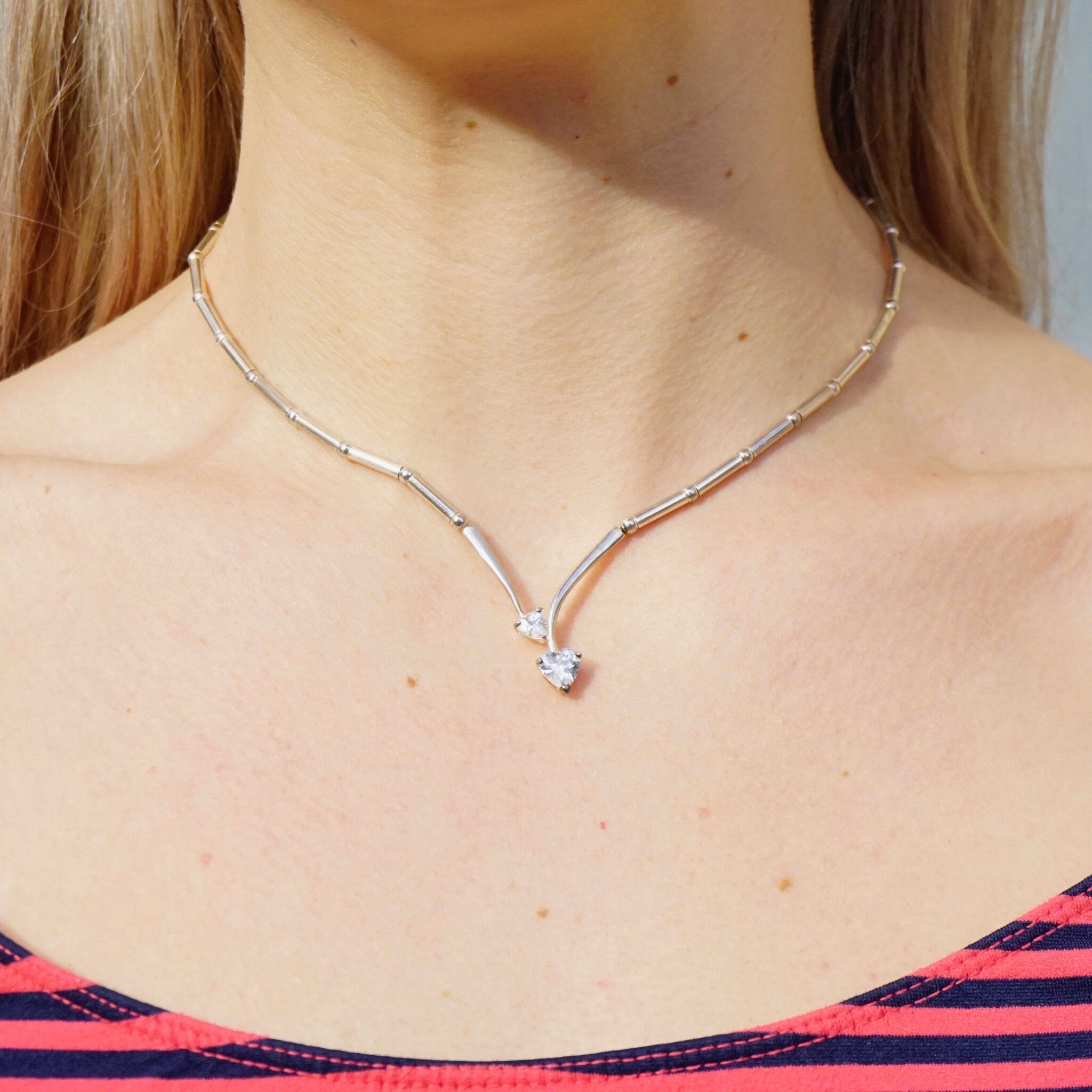 Vintage Sterling Silver Necklace With Heart Shaped Cubic Zirconium, Silver Choker With 2 Heart Shaped Stones, 925 Jewelry