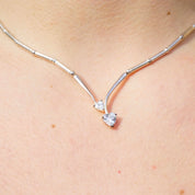 Vintage Sterling Silver Necklace With Heart Shaped Cubic Zirconium, Silver Choker With 2 Heart Shaped Stones, 925 Jewelry