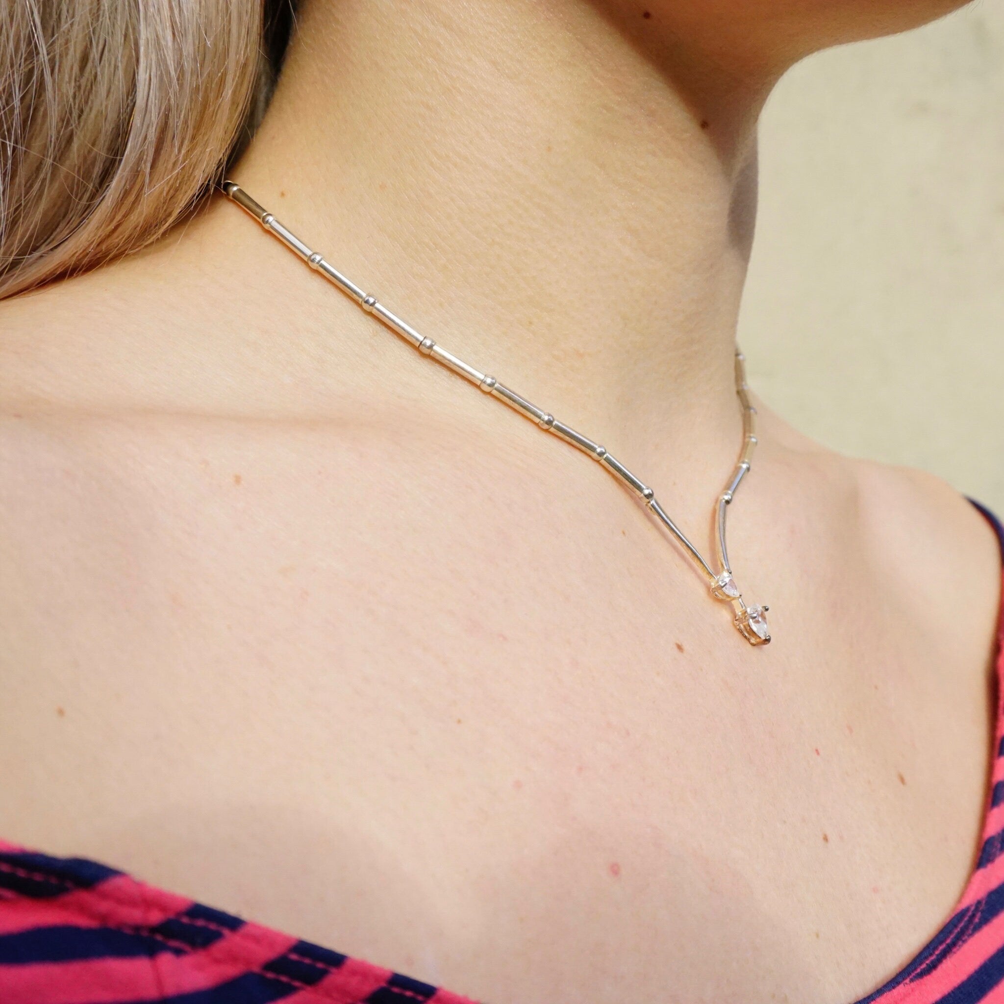 Vintage Sterling Silver Necklace With Heart Shaped Cubic Zirconium, Silver Choker With 2 Heart Shaped Stones, 925 Jewelry