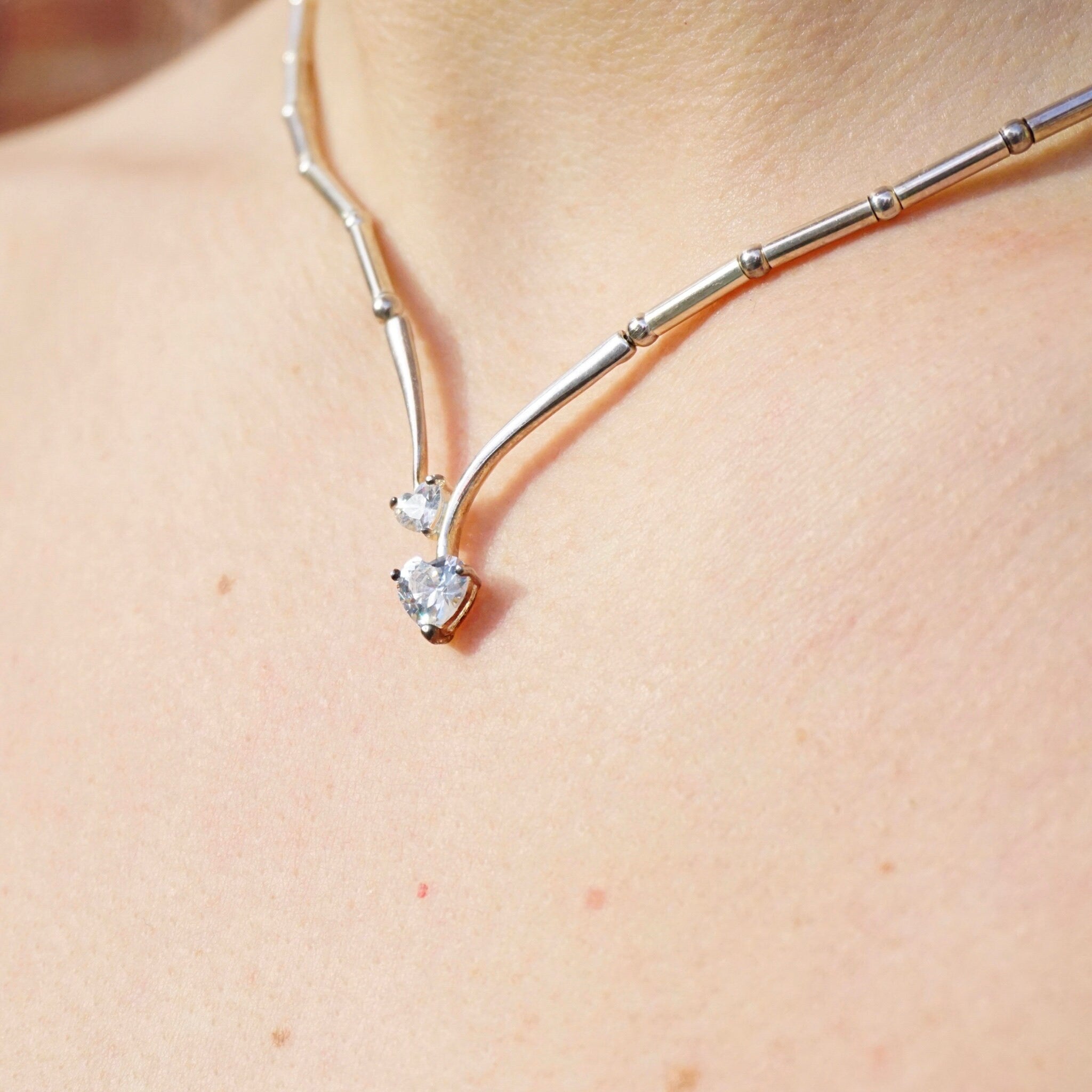 Vintage Sterling Silver Necklace With Heart Shaped Cubic Zirconium, Silver Choker With 2 Heart Shaped Stones, 925 Jewelry