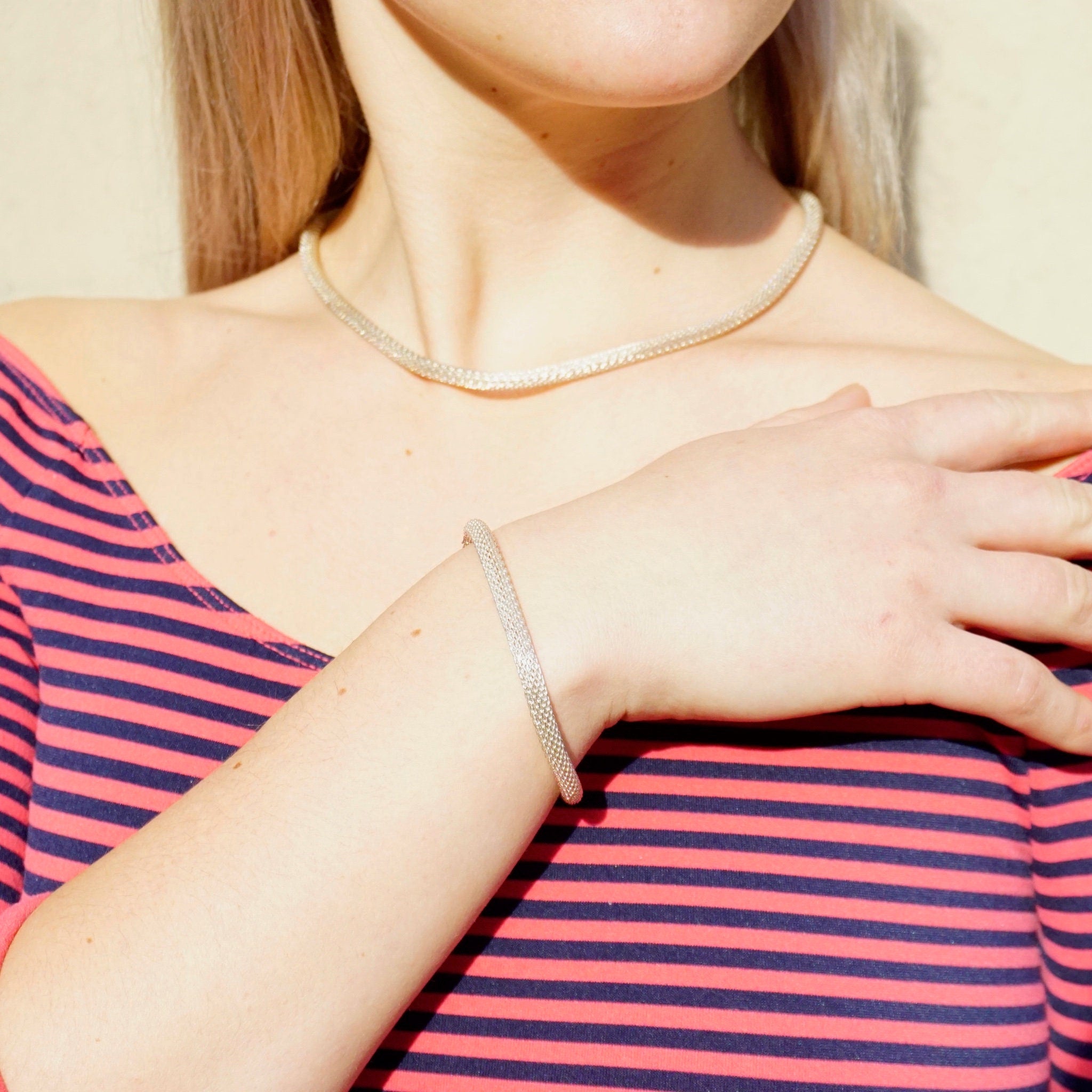 Vintage Sterling Silver Necklace And Bracelet, Hollow Mesh Chain Jewelry, Matching Silver Bracelet And Necklace Made In Italy, 925 Jewelry