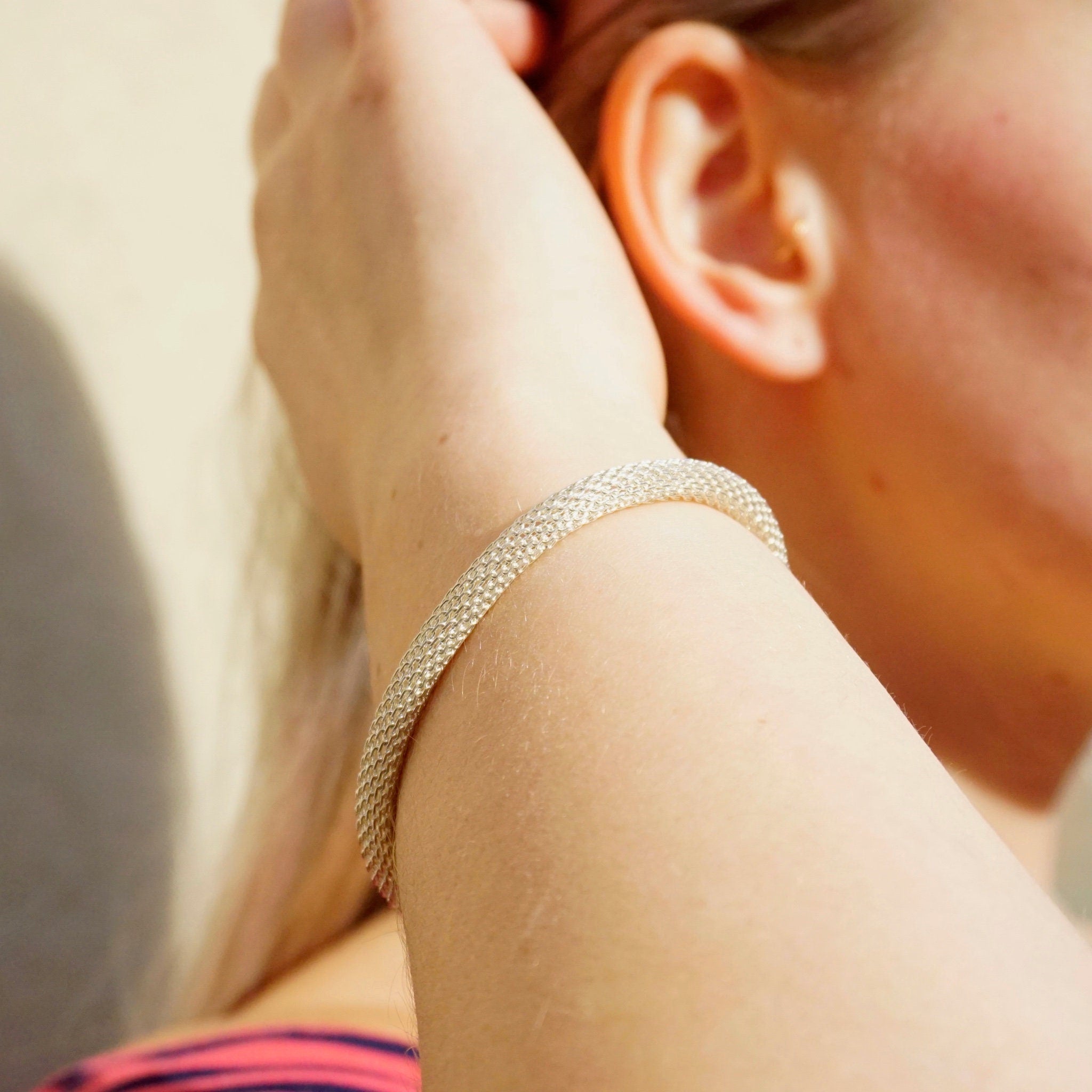 Vintage Sterling Silver Necklace And Bracelet, Hollow Mesh Chain Jewelry, Matching Silver Bracelet And Necklace Made In Italy, 925 Jewelry