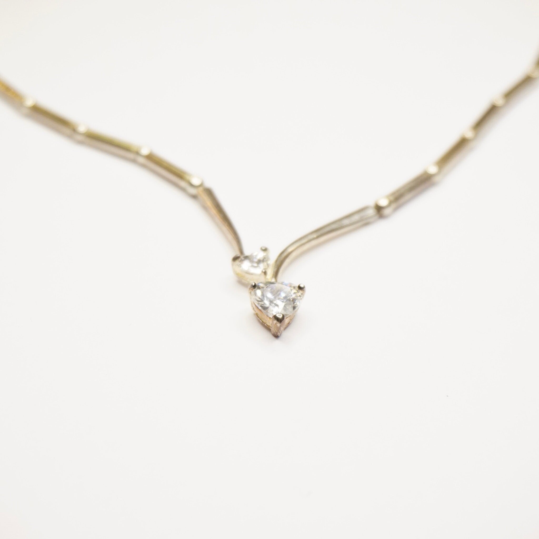 Vintage Sterling Silver Necklace With Heart Shaped Cubic Zirconium, Silver Choker With 2 Heart Shaped Stones, 925 Jewelry