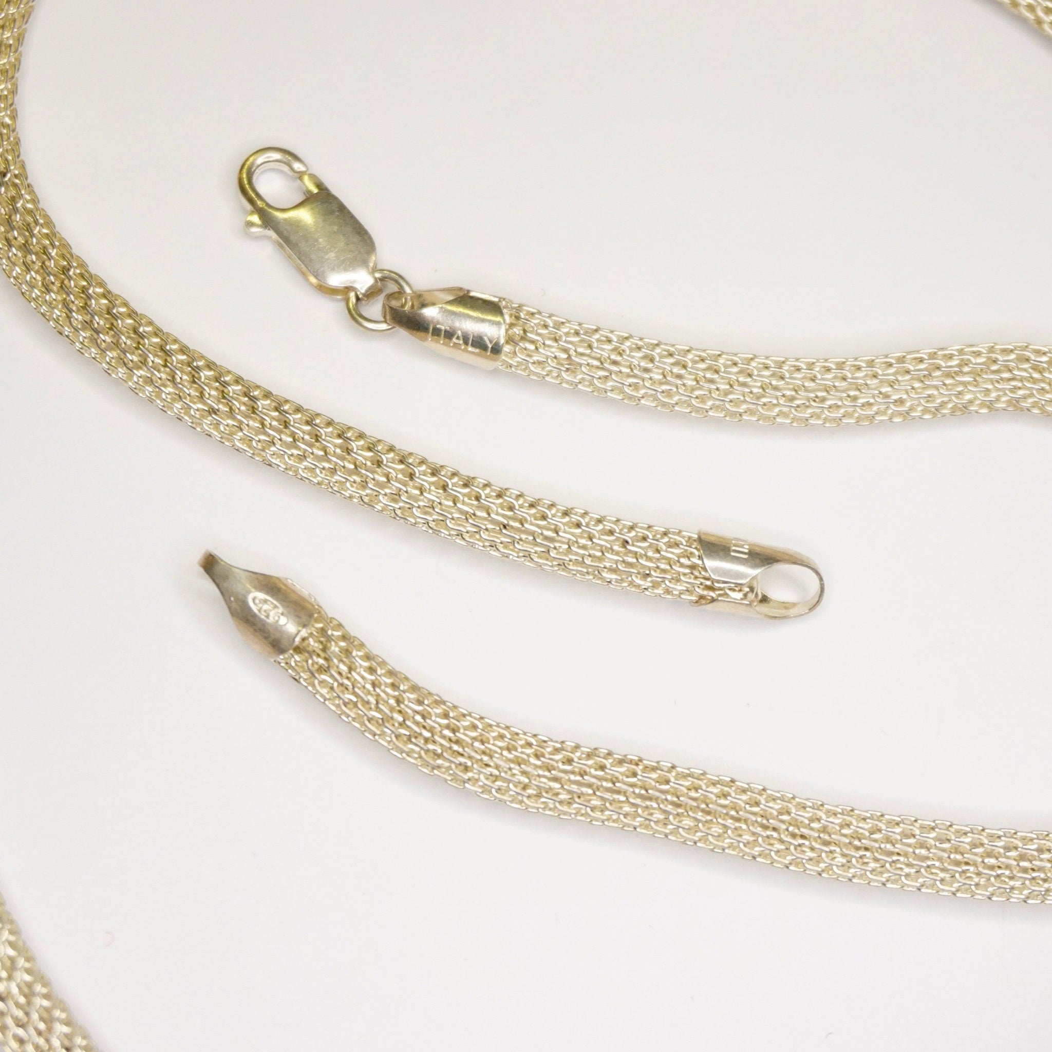 Vintage Sterling Silver Necklace And Bracelet, Hollow Mesh Chain Jewelry, Matching Silver Bracelet And Necklace Made In Italy, 925 Jewelry