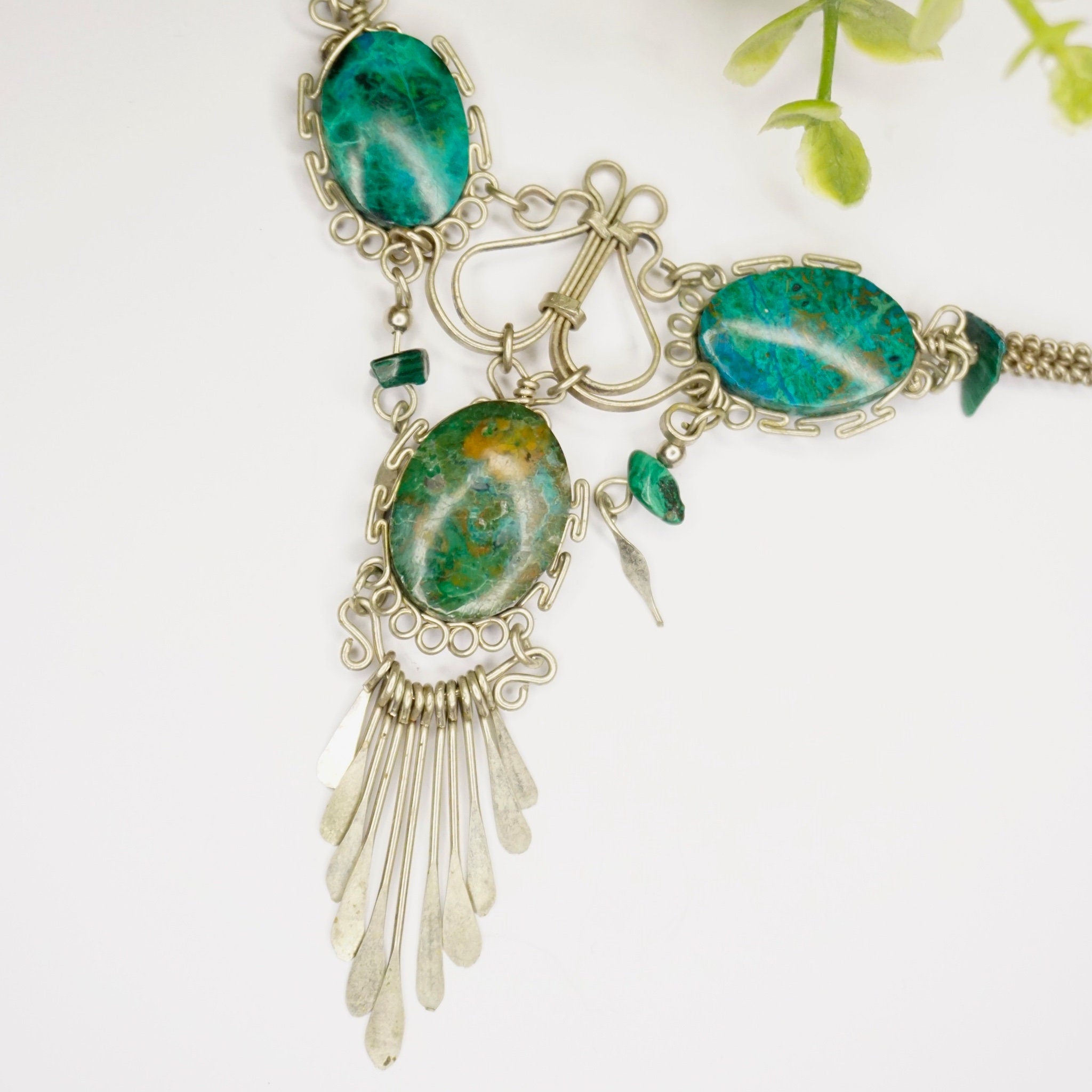 Vintage Turquoise And Malachite Necklace, Beautiful Silver Necklace With Multi-Stone Pendant, Turquoise Necklace With Silver Tassels
