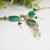 Vintage Turquoise And Malachite Necklace, Beautiful Silver Necklace With Multi-Stone Pendant, Turquoise Necklace With Silver Tassels