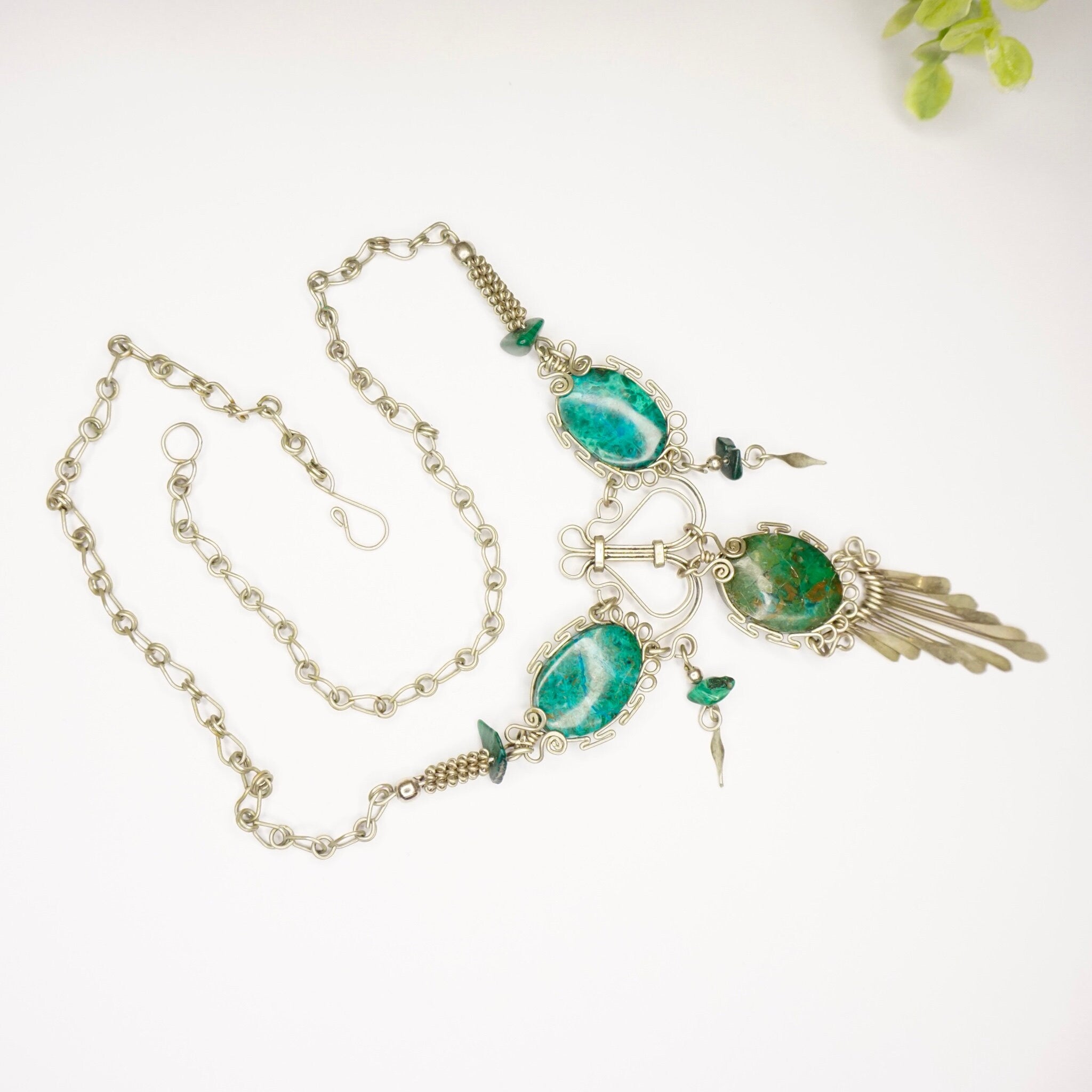 Vintage Turquoise And Malachite Necklace, Beautiful Silver Necklace With Multi-Stone Pendant, Turquoise Necklace With Silver Tassels