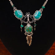 Vintage Turquoise And Malachite Necklace, Beautiful Silver Necklace With Multi-Stone Pendant, Turquoise Necklace With Silver Tassels