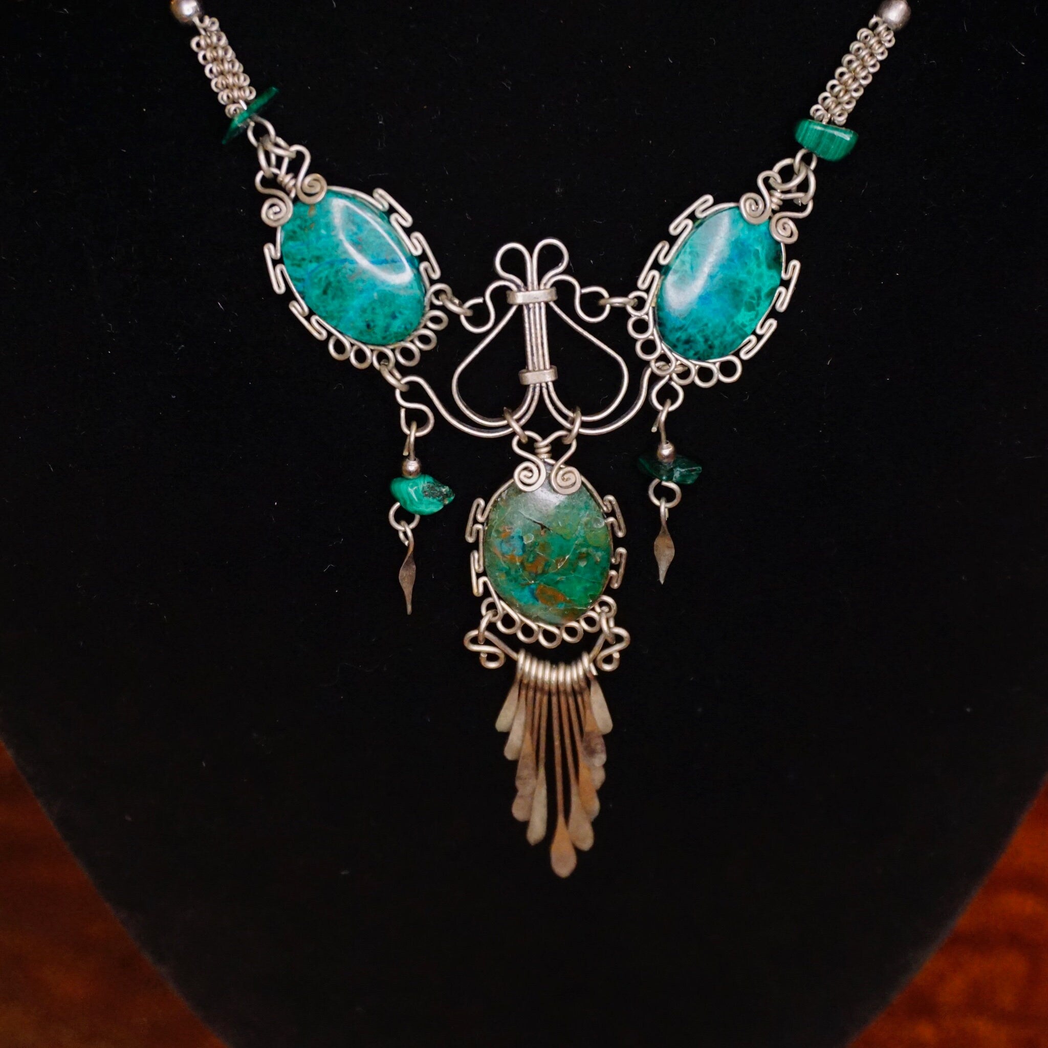 Vintage Turquoise And Malachite Necklace, Beautiful Silver Necklace With Multi-Stone Pendant, Turquoise Necklace With Silver Tassels