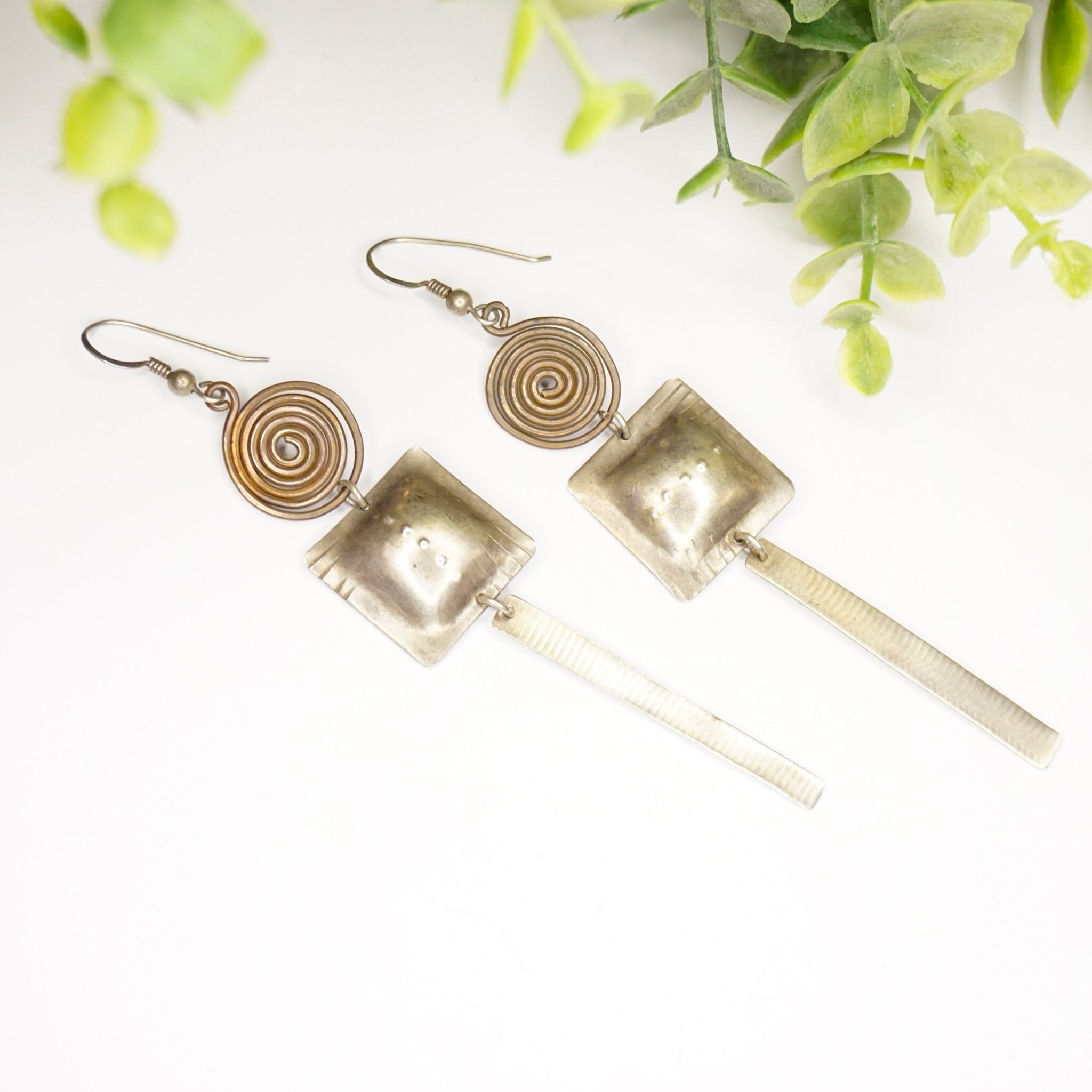 Vintage Silver Dangle Earrings, Abstract Silver Earrings With Swirl Design, Long Silver Earrings With Hammered Details, Statement Jewelry