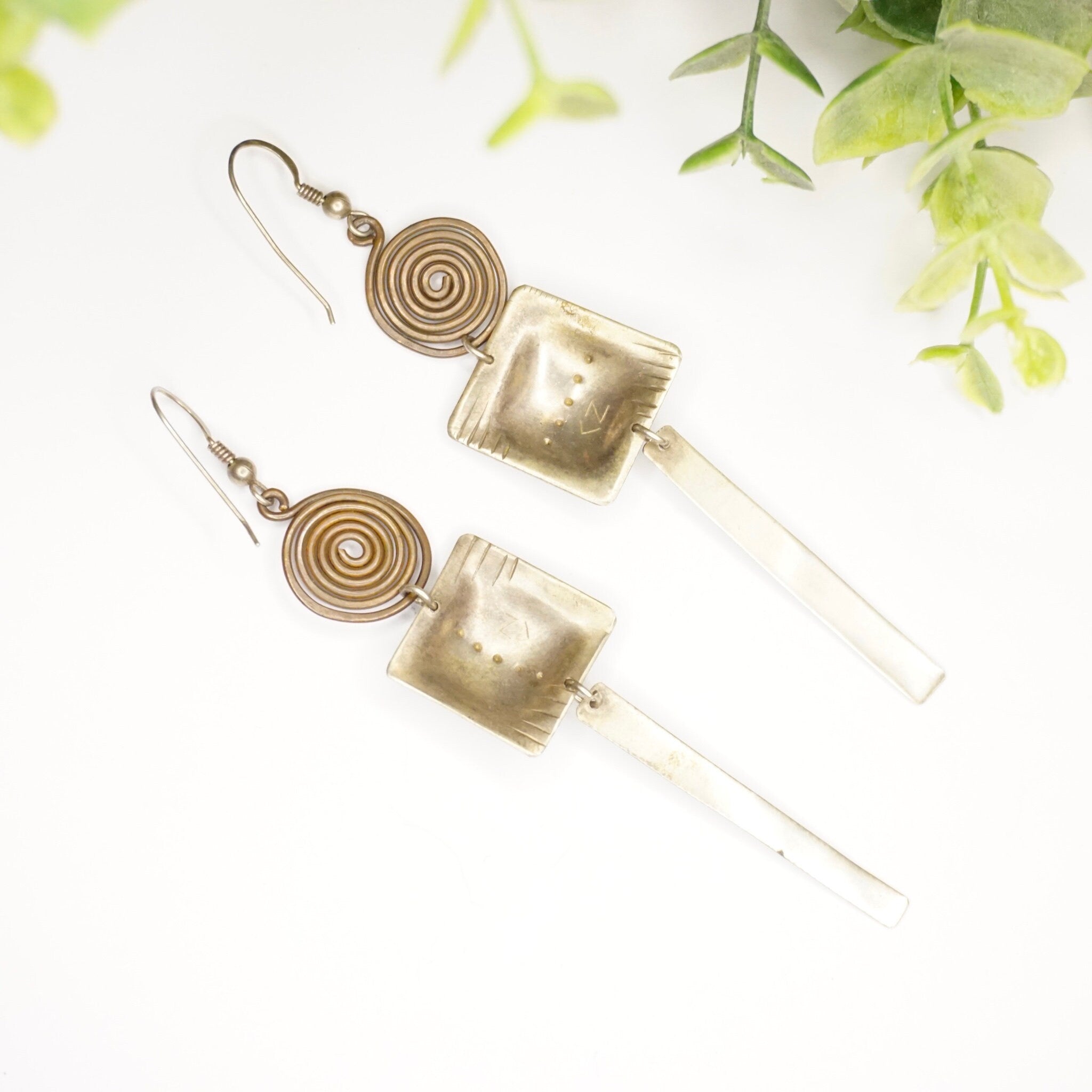 Vintage Silver Dangle Earrings, Abstract Silver Earrings With Swirl Design, Long Silver Earrings With Hammered Details, Statement Jewelry