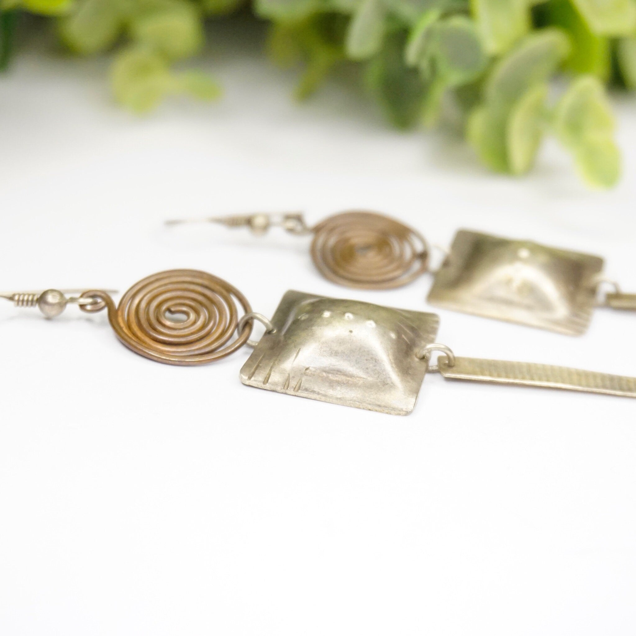 Vintage Silver Dangle Earrings, Abstract Silver Earrings With Swirl Design, Long Silver Earrings With Hammered Details, Statement Jewelry