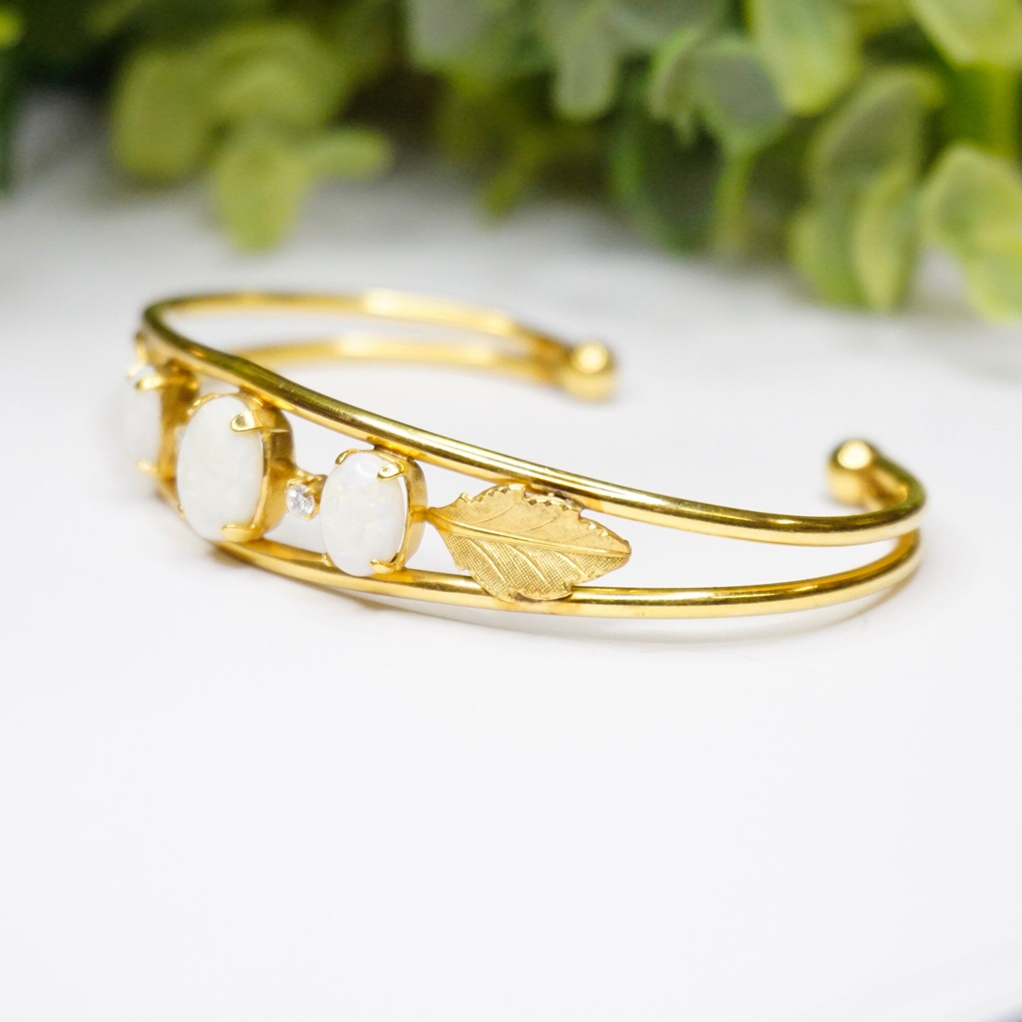 Vintage 14K Gold Filled Imitation Opal Bracelet Cuff, Beautiful Gold Tone Bracelet Leaf Details And Accent Diamonds, Multi-Stone Gold Cuff