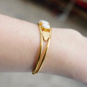 Vintage 14K Gold Filled Imitation Opal Bracelet Cuff, Beautiful Gold Tone Bracelet Leaf Details And Accent Diamonds, Multi-Stone Gold Cuff