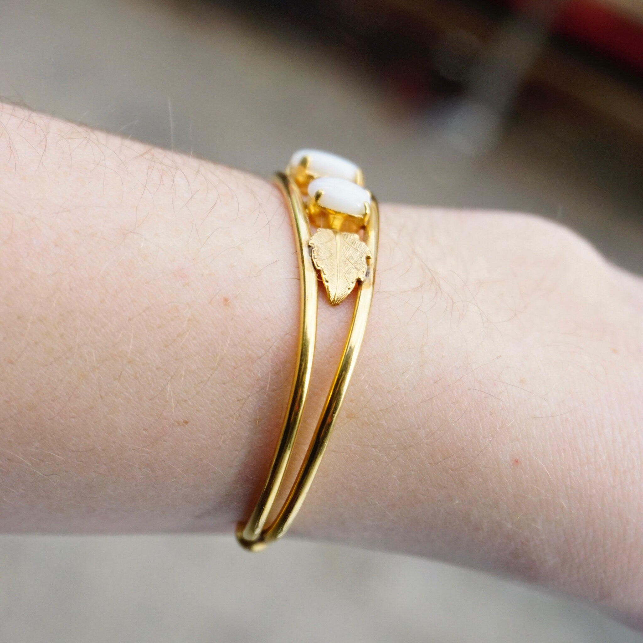Vintage 14K Gold Filled Imitation Opal Bracelet Cuff, Beautiful Gold Tone Bracelet Leaf Details And Accent Diamonds, Multi-Stone Gold Cuff