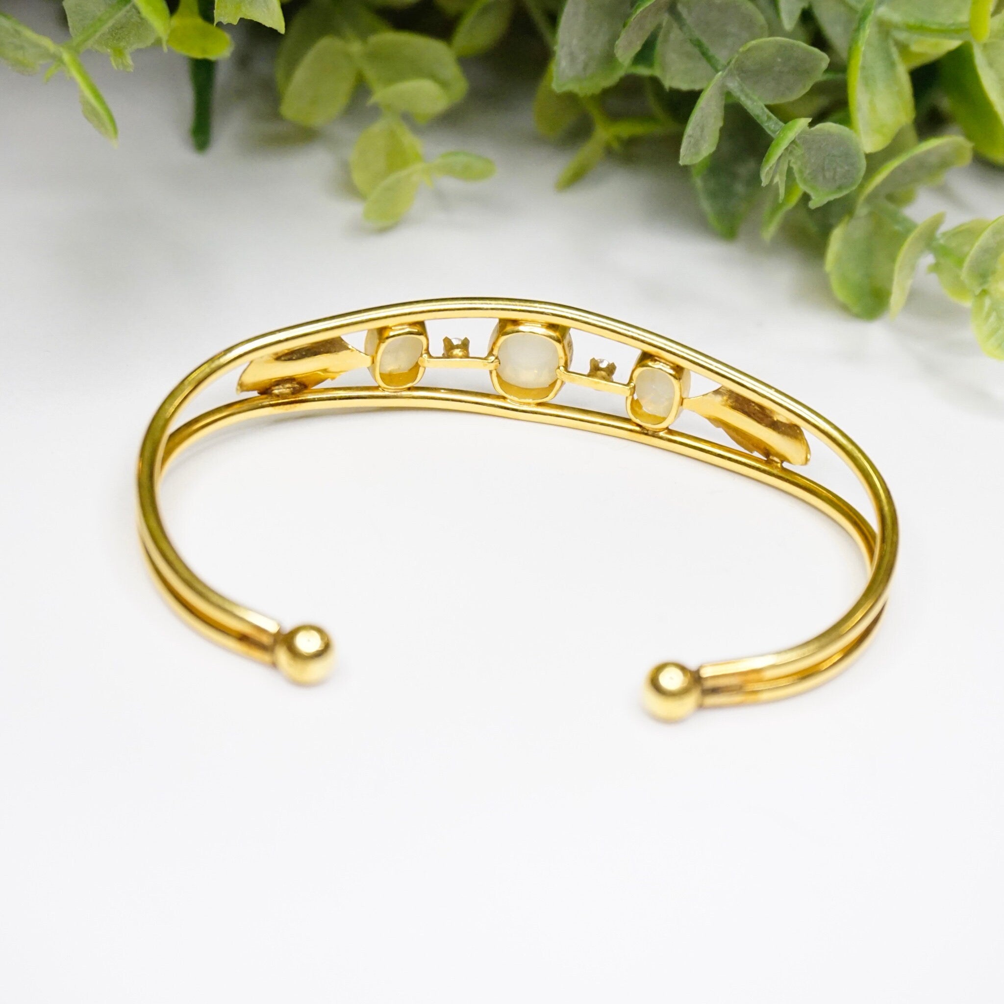 Vintage 14K Gold Filled Imitation Opal Bracelet Cuff, Beautiful Gold Tone Bracelet Leaf Details And Accent Diamonds, Multi-Stone Gold Cuff