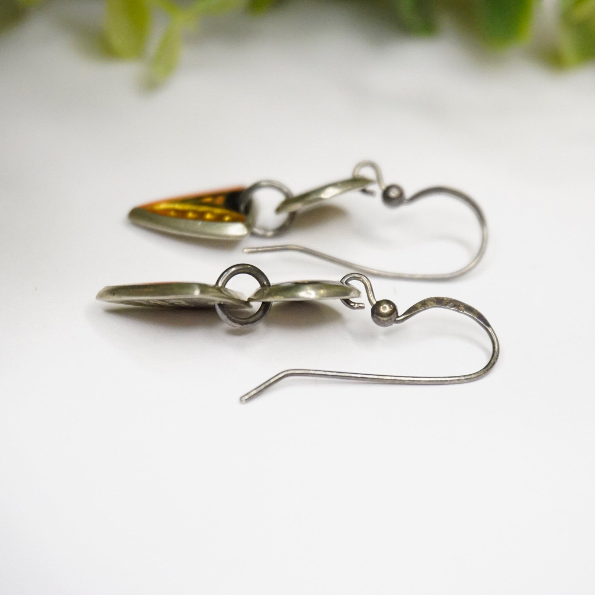 Retro Sterling Silver Enamel Dangle Earrings, Abstract Silver Earrings With Colorful Enamel, Signed Artisan Silver Earrings, 925 Jewelry