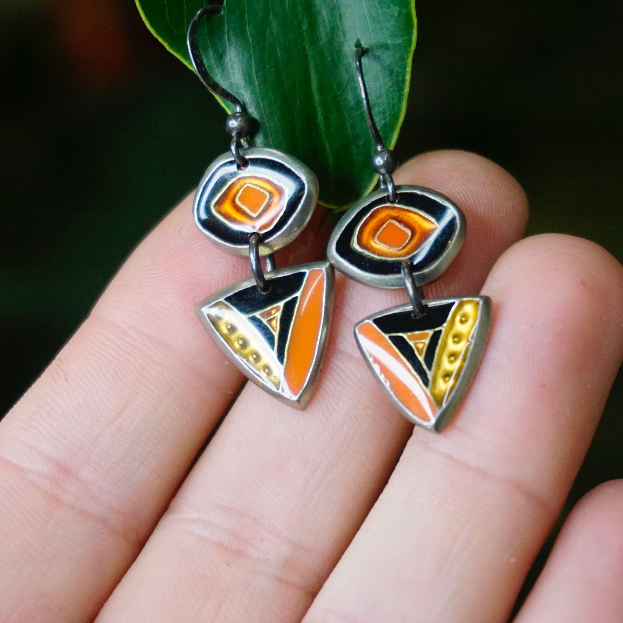 Retro Sterling Silver Enamel Dangle Earrings, Abstract Silver Earrings With Colorful Enamel, Signed Artisan Silver Earrings, 925 Jewelry