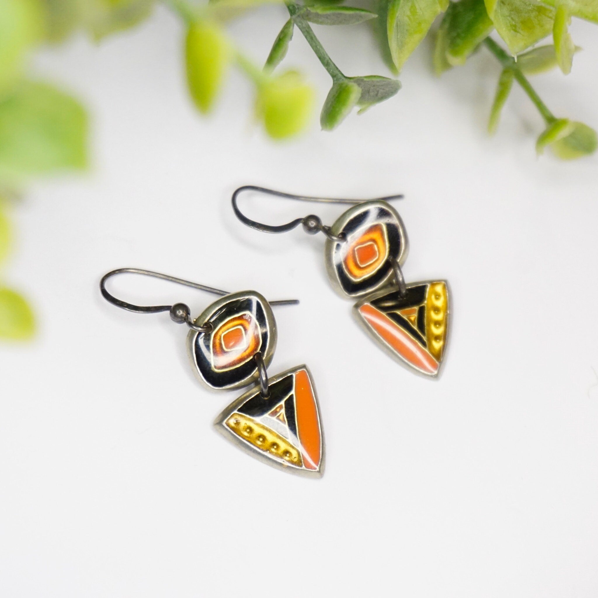 Retro Sterling Silver Enamel Dangle Earrings, Abstract Silver Earrings With Colorful Enamel, Signed Artisan Silver Earrings, 925 Jewelry
