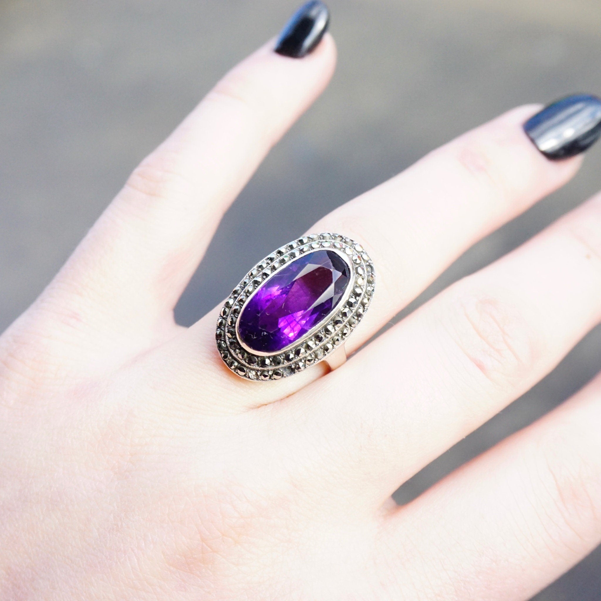 Vintage Amethyst And Marcasite Sterling Silver Ring, Art Deco Ring With Oval Cut Amethyst And Accent Marcasite Stones, 925 Jewelry
