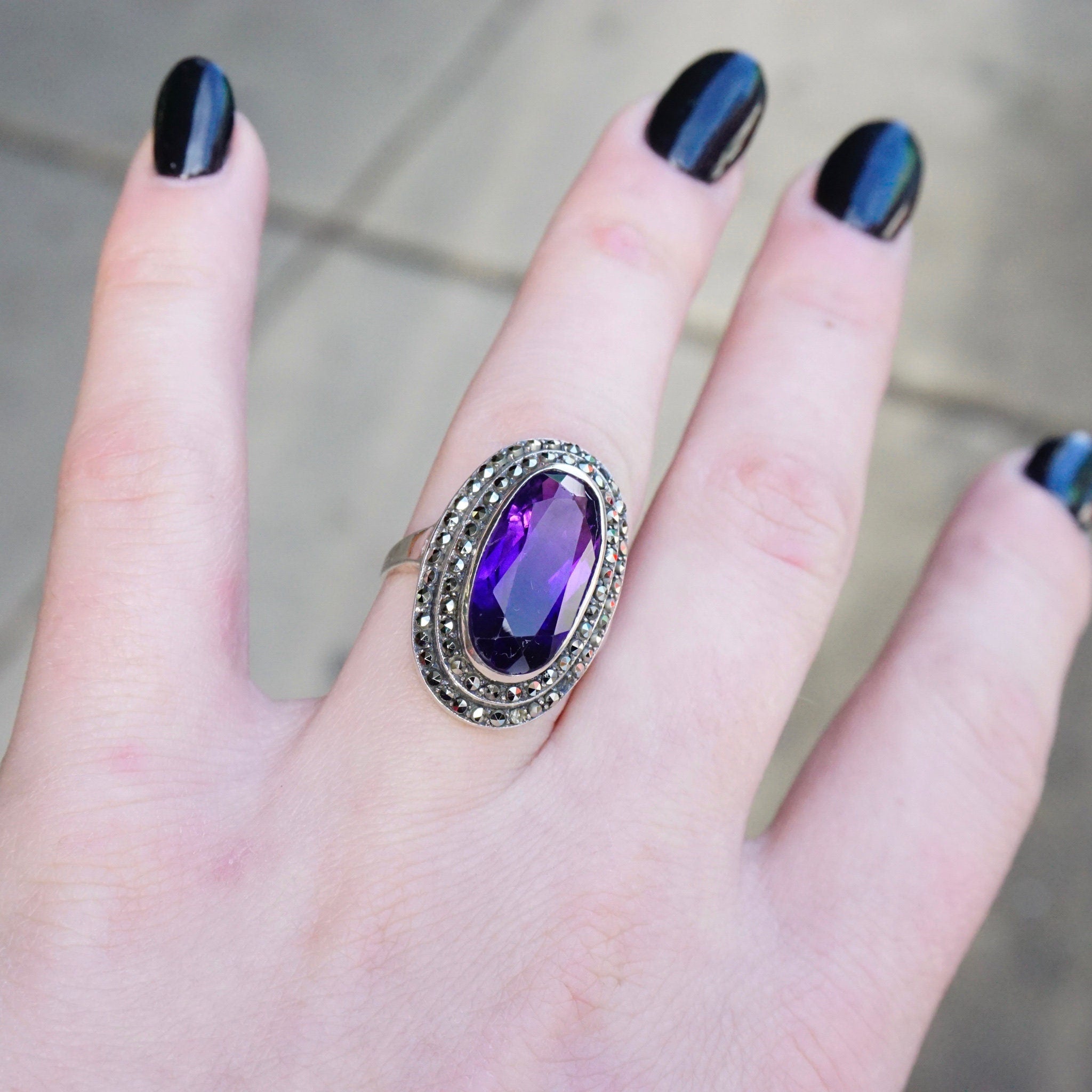 Vintage Amethyst And Marcasite Sterling Silver Ring, Art Deco Ring With Oval Cut Amethyst And Accent Marcasite Stones, 925 Jewelry