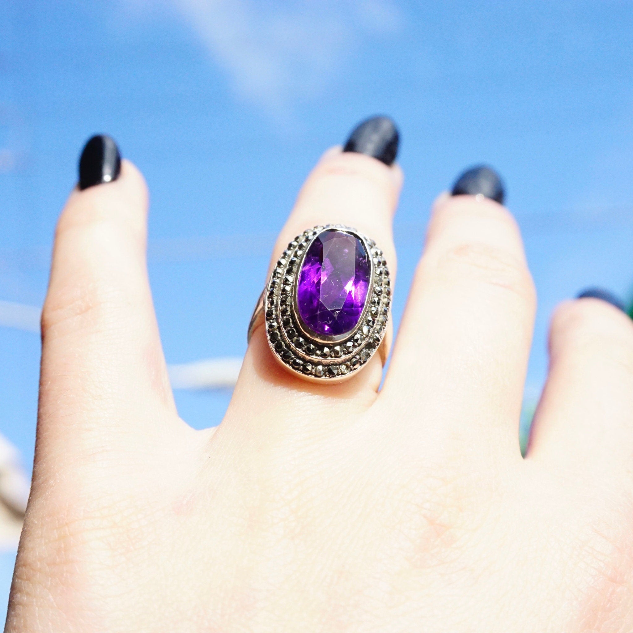 Vintage Amethyst And Marcasite Sterling Silver Ring, Art Deco Ring With Oval Cut Amethyst And Accent Marcasite Stones, 925 Jewelry