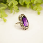 Vintage Amethyst And Marcasite Sterling Silver Ring, Art Deco Ring With Oval Cut Amethyst And Accent Marcasite Stones, 925 Jewelry