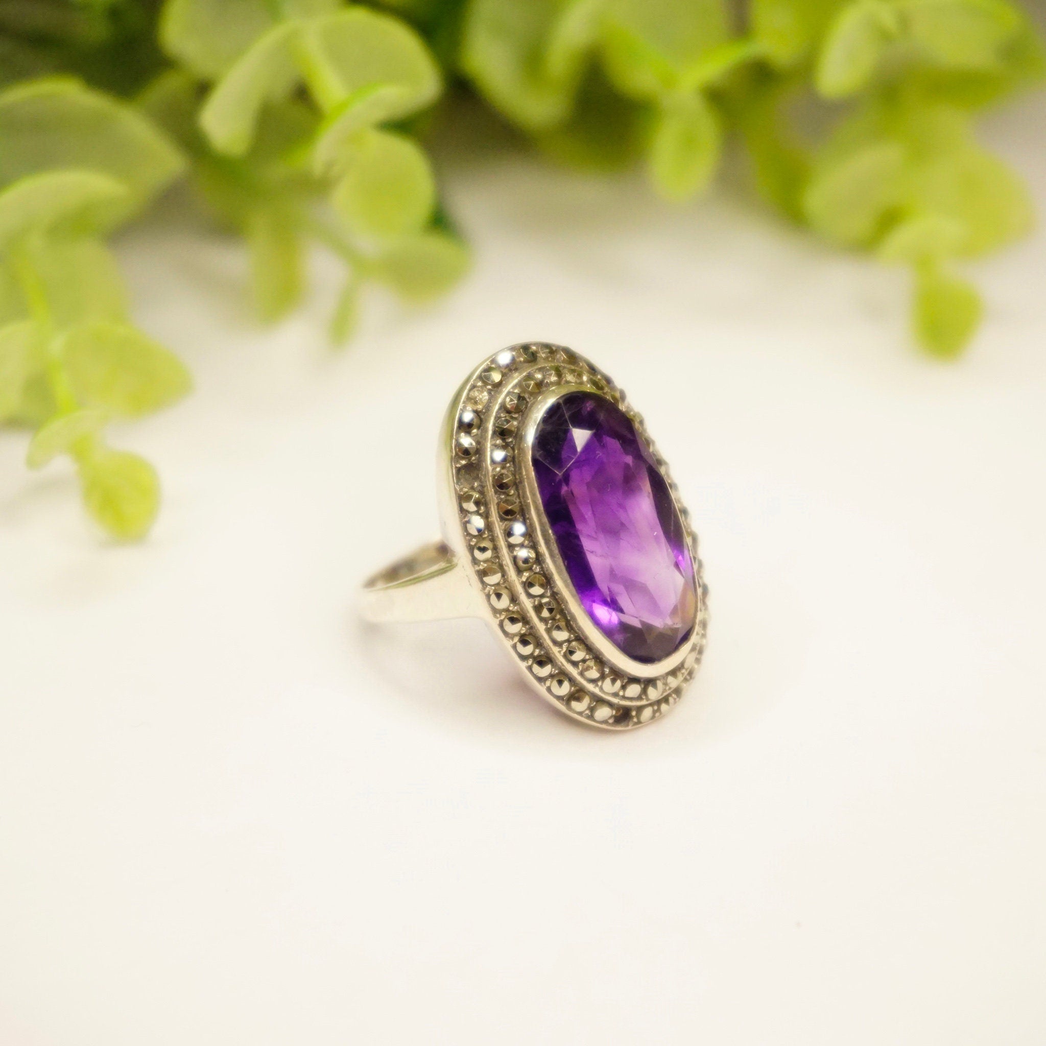 Vintage Amethyst And Marcasite Sterling Silver Ring, Art Deco Ring With Oval Cut Amethyst And Accent Marcasite Stones, 925 Jewelry