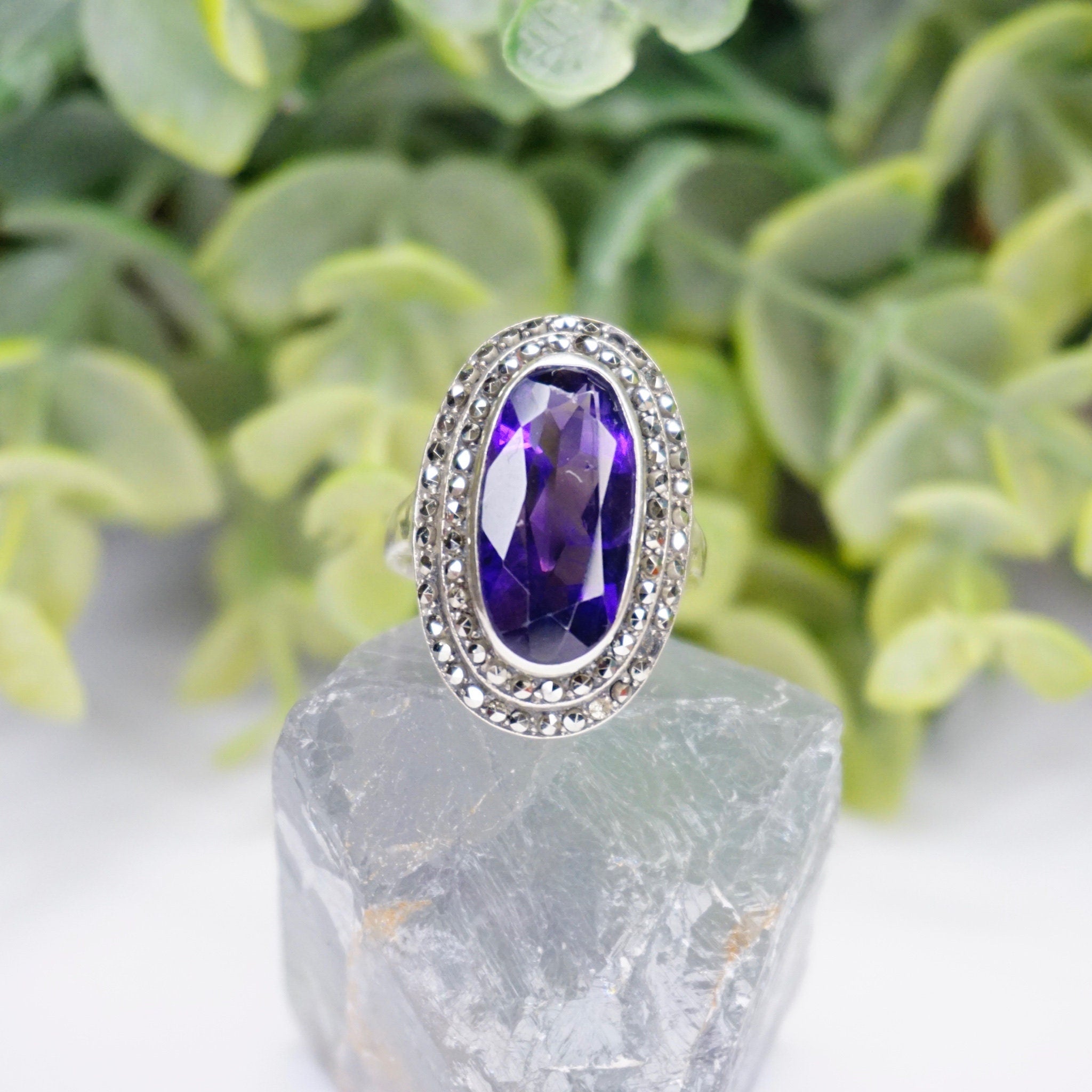 Vintage Amethyst And Marcasite Sterling Silver Ring, Art Deco Ring With Oval Cut Amethyst And Accent Marcasite Stones, 925 Jewelry