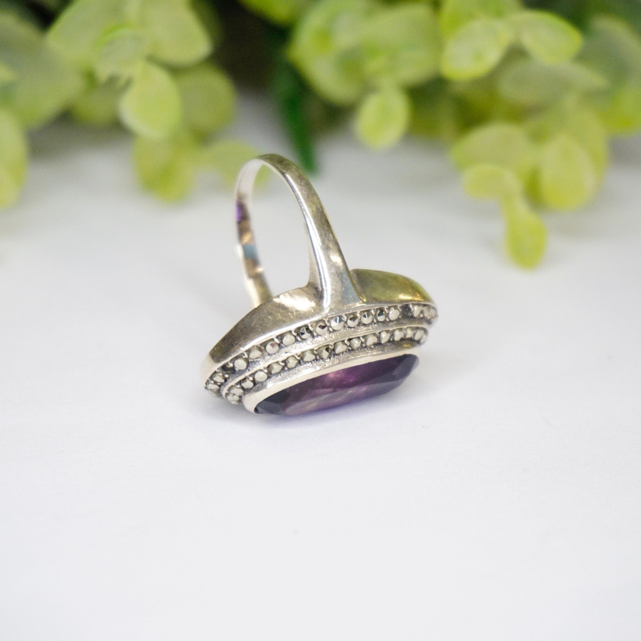 Vintage Amethyst And Marcasite Sterling Silver Ring, Art Deco Ring With Oval Cut Amethyst And Accent Marcasite Stones, 925 Jewelry