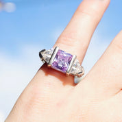 Vintage Sterling Silver 3-Stone Ring, Princess Cut Purple Glass With Flanking Triangle Cut Glass, Square Silver Trellis Ring, 925 Jewelry