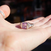 Vintage Sterling Silver 3-Stone Ring, Princess Cut Purple Glass With Flanking Triangle Cut Glass, Square Silver Trellis Ring, 925 Jewelry