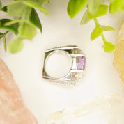Vintage Sterling Silver 3-Stone Ring, Princess Cut Purple Glass With Flanking Triangle Cut Glass, Square Silver Trellis Ring, 925 Jewelry