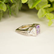 Vintage Sterling Silver 3-Stone Ring, Princess Cut Purple Glass With Flanking Triangle Cut Glass, Square Silver Trellis Ring, 925 Jewelry