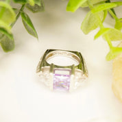Vintage Sterling Silver 3-Stone Ring, Princess Cut Purple Glass With Flanking Triangle Cut Glass, Square Silver Trellis Ring, 925 Jewelry