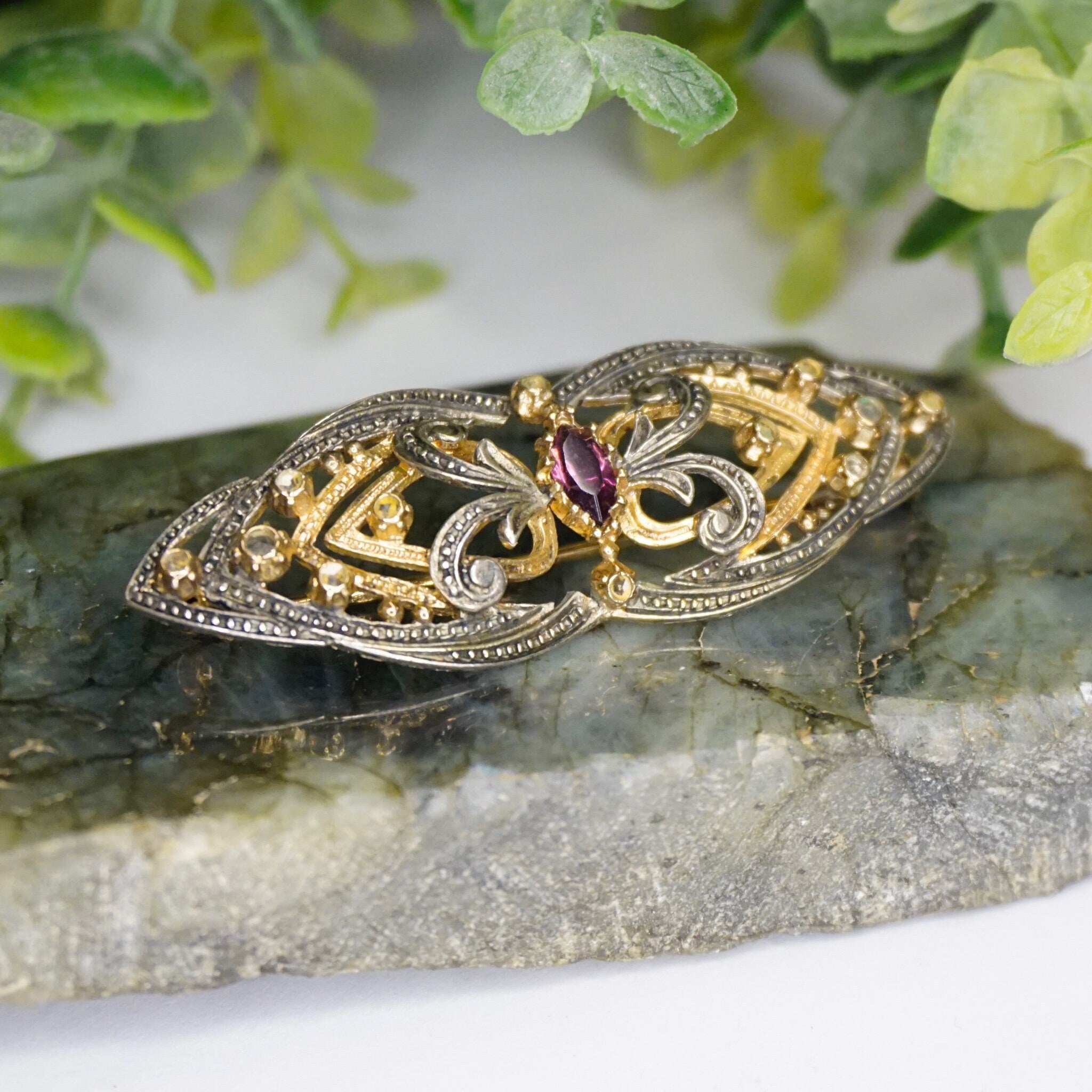 Vintage Two-Tone Silver Filigree Brooch, Art Deco Pin With Purple Stone And Gold Details, Embellished Silver And Gold Brooch, 925 Jewelry