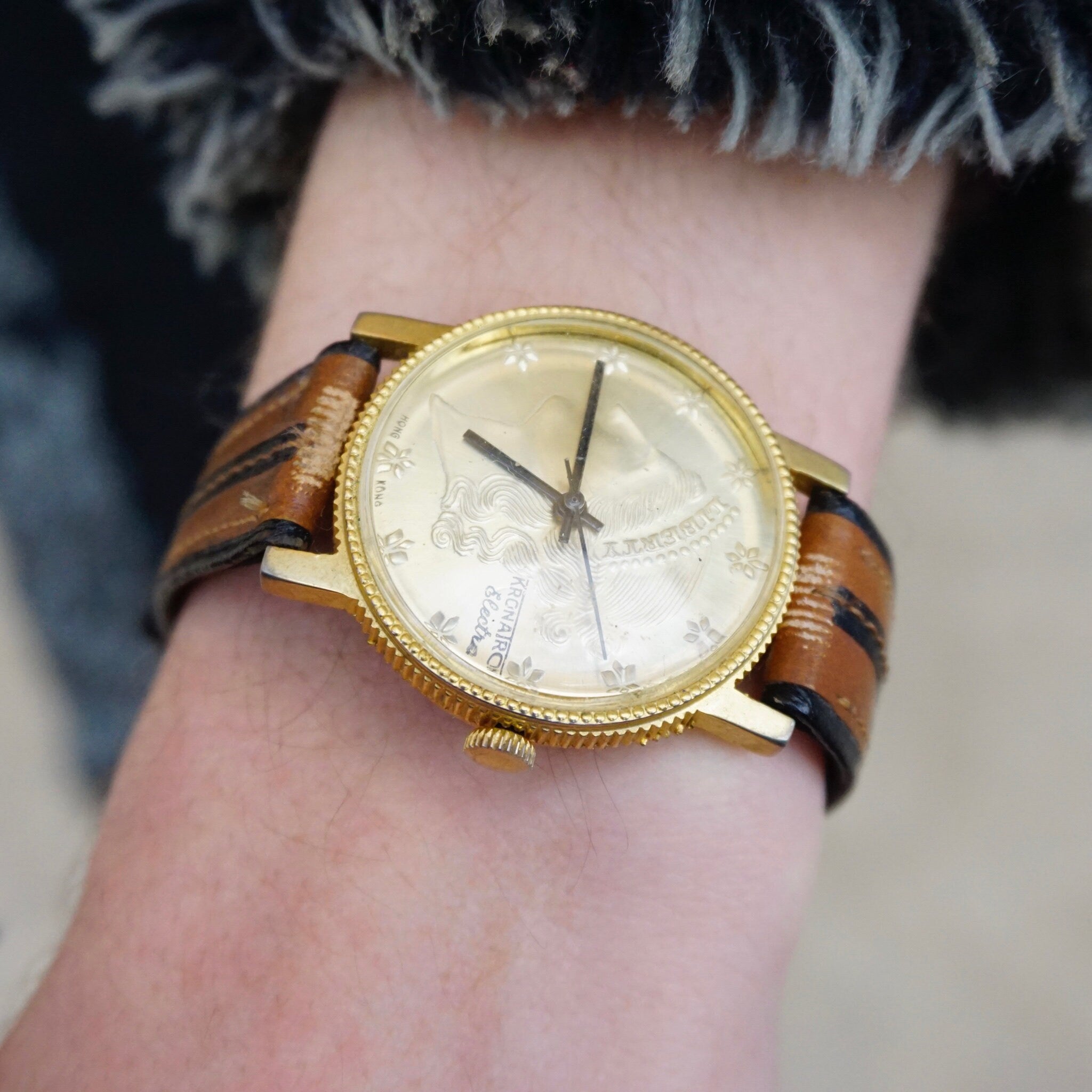 Vintage Kronatron Electra Lady Liberty Wrist Watch, Men's Wind-Up Watch With Leather Band, Working Kronatron Watch With Lady Liberty Face