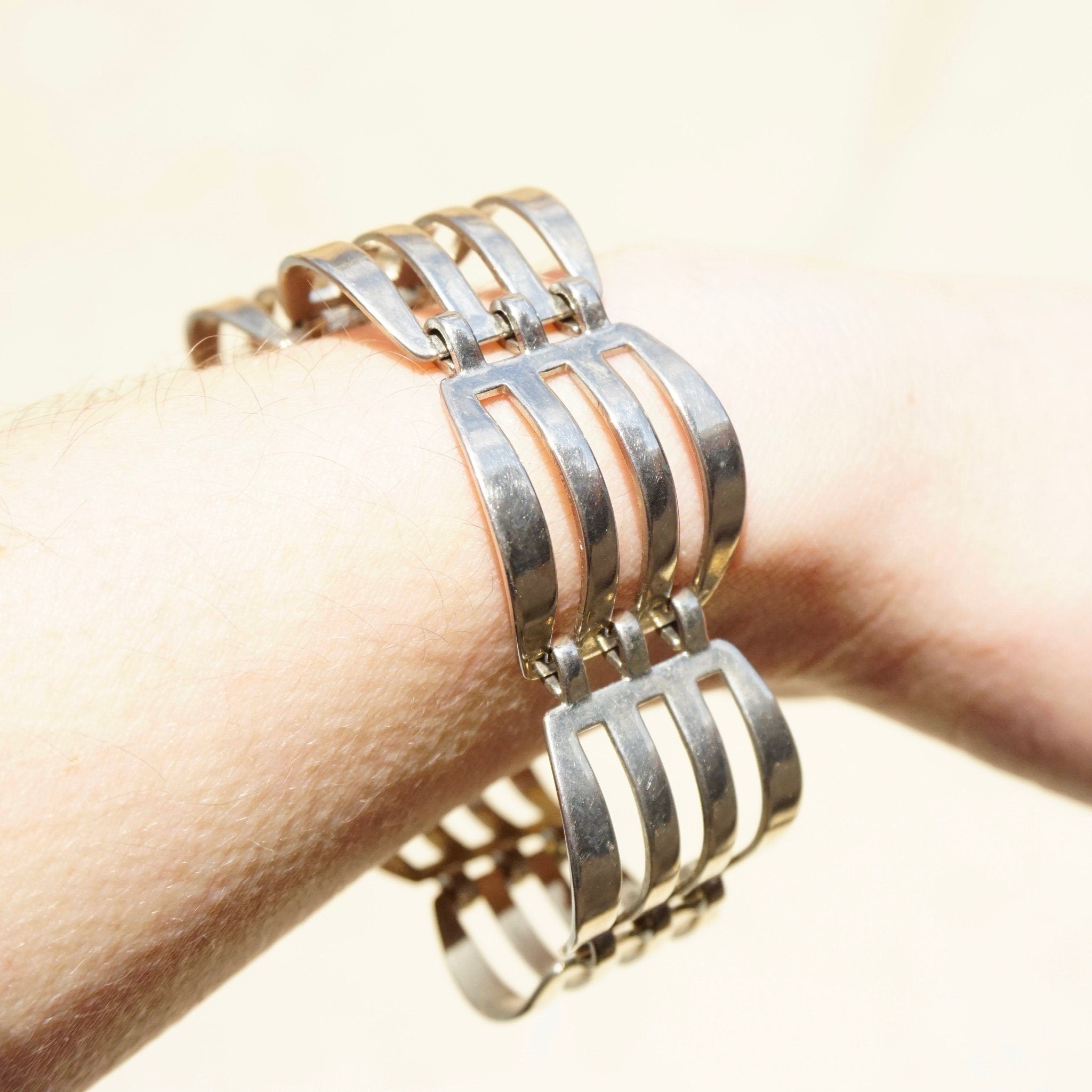 Vintage Silver Link Bracelet, Modernist Silver Cut Out Bracelet, Unique Silver Link Bracelet With Cut Out Details, Minimalist Jewelry