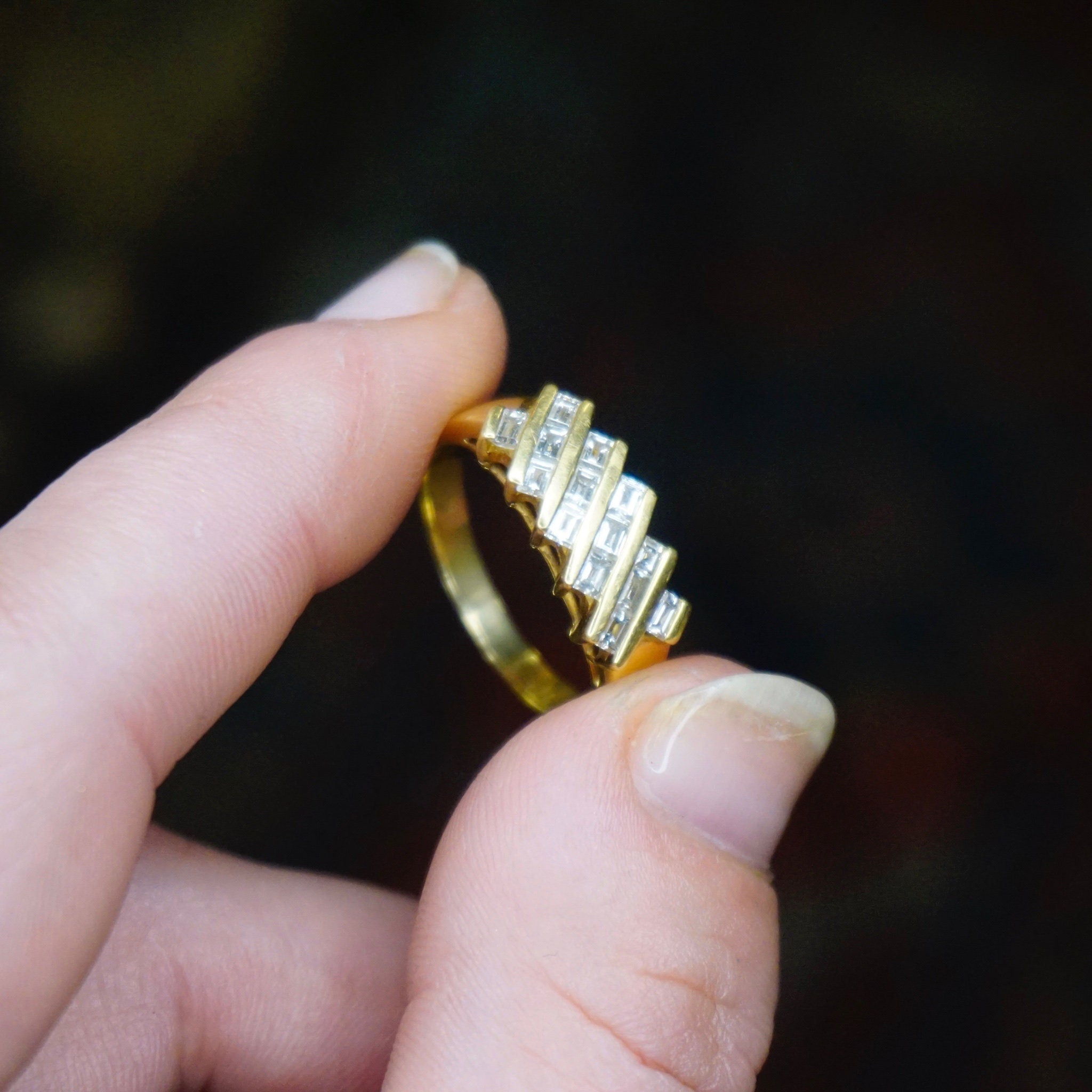 Vintage 18K Gold Ring With Baguette Diamonds, Beautiful Gold Ring With Inlaid Diamonds, Gold Ring With 14 Baguette Cut Diamonds, 750 Jewelry