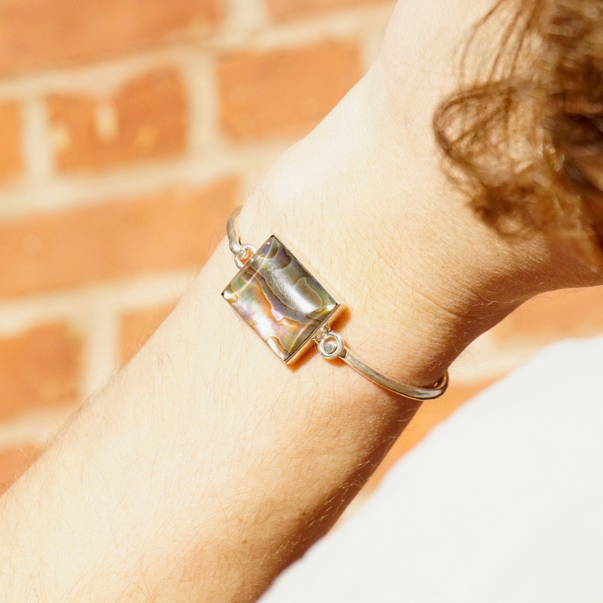 Vintage Sterling Silver Abalone Bangle Bracelet, Silver Clasp Bangle With Iridescent Abalone Shell, Minimalist Bracelet, 925 Mexico Jewelry