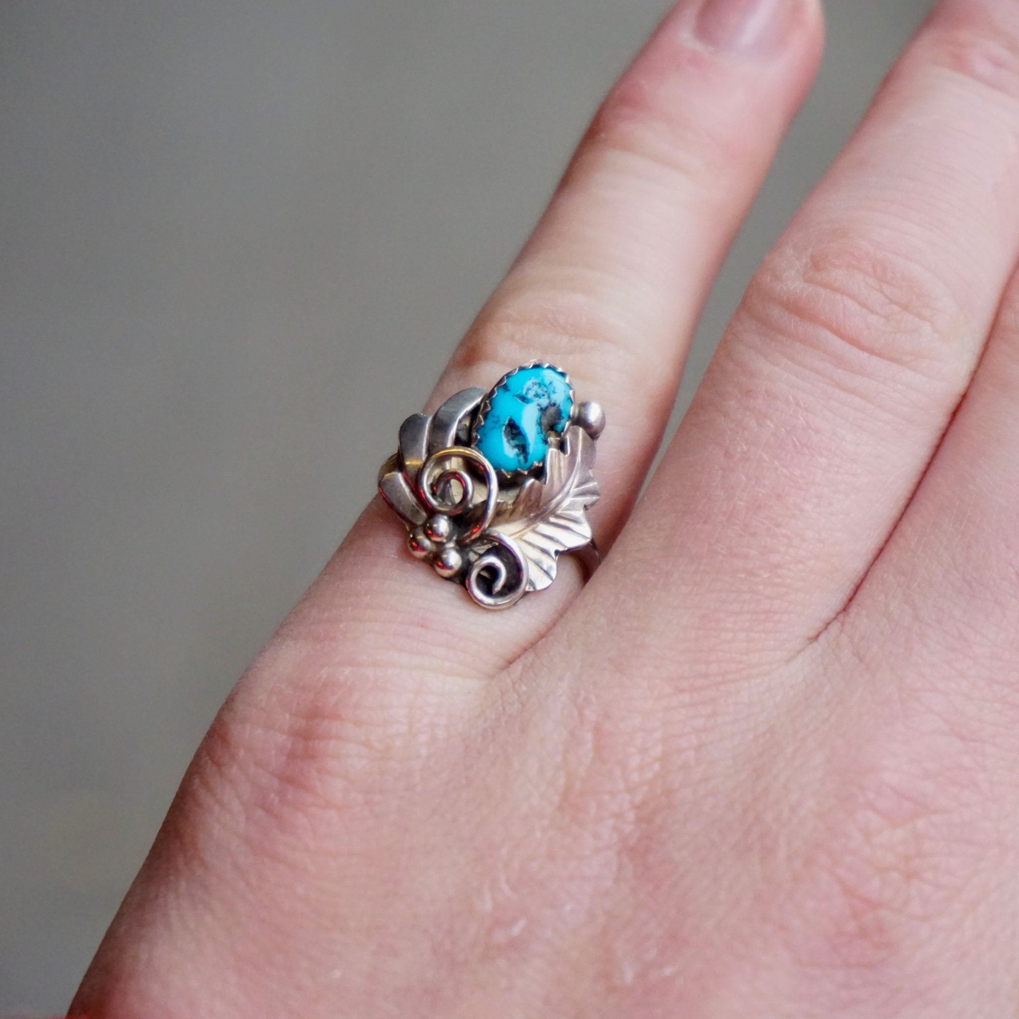 Vintage Sterling Silver Turquoise Ring, HN Sterling Ring With Turquoise And Silver Leaf Details, Natural Turquoise, Native American Jewelry