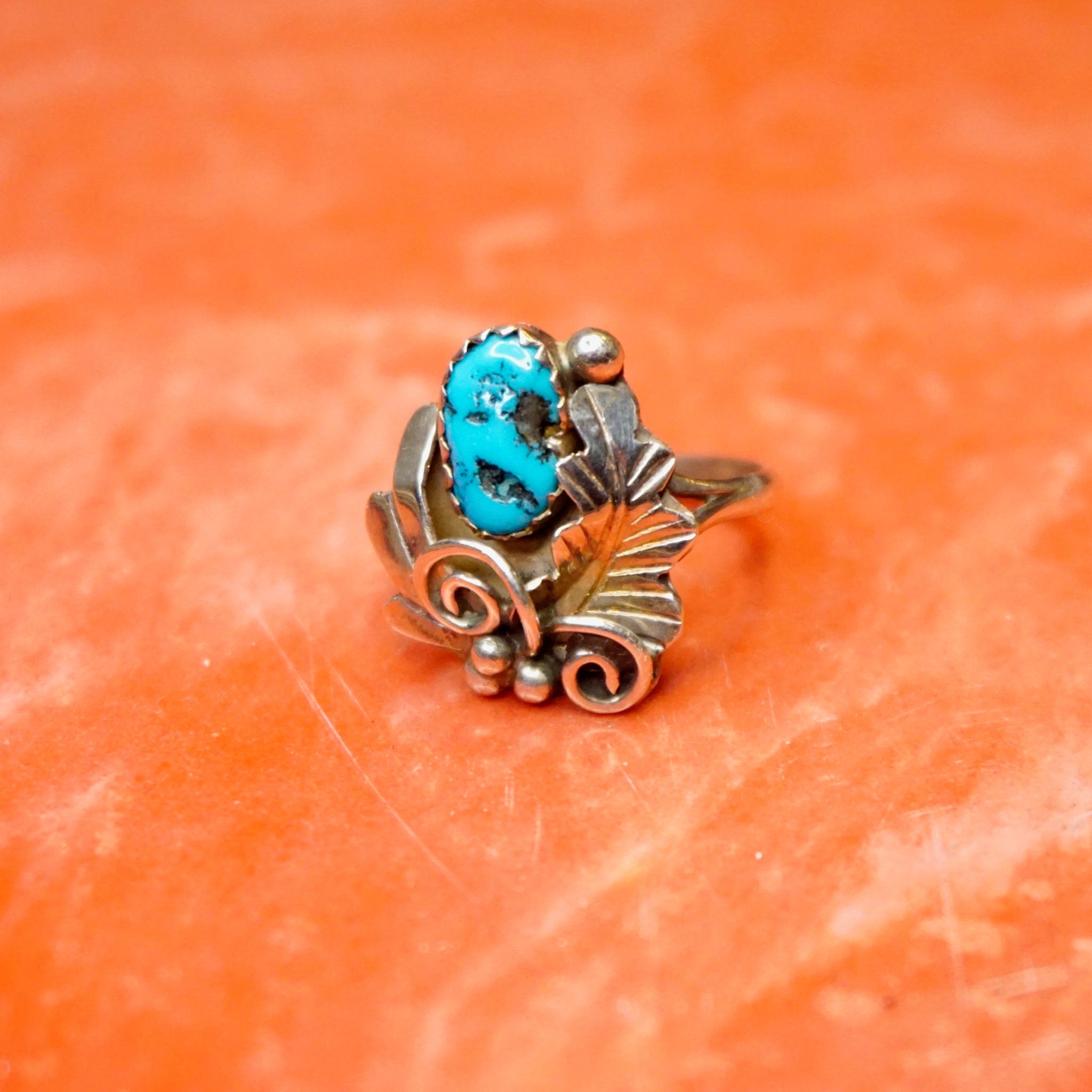 Vintage Sterling Silver Turquoise Ring, HN Sterling Ring With Turquoise And Silver Leaf Details, Natural Turquoise, Native American Jewelry