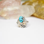 Vintage Sterling Silver Turquoise Ring, HN Sterling Ring With Turquoise And Silver Leaf Details, Natural Turquoise, Native American Jewelry