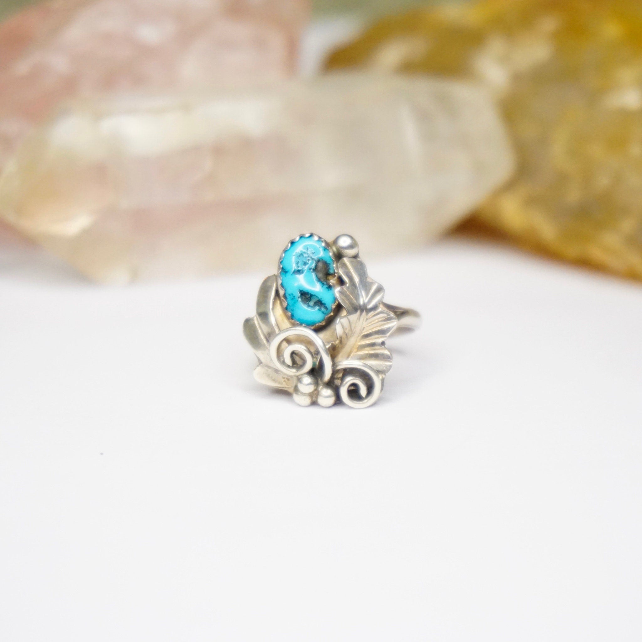 Vintage Sterling Silver Turquoise Ring, HN Sterling Ring With Turquoise And Silver Leaf Details, Natural Turquoise, Native American Jewelry