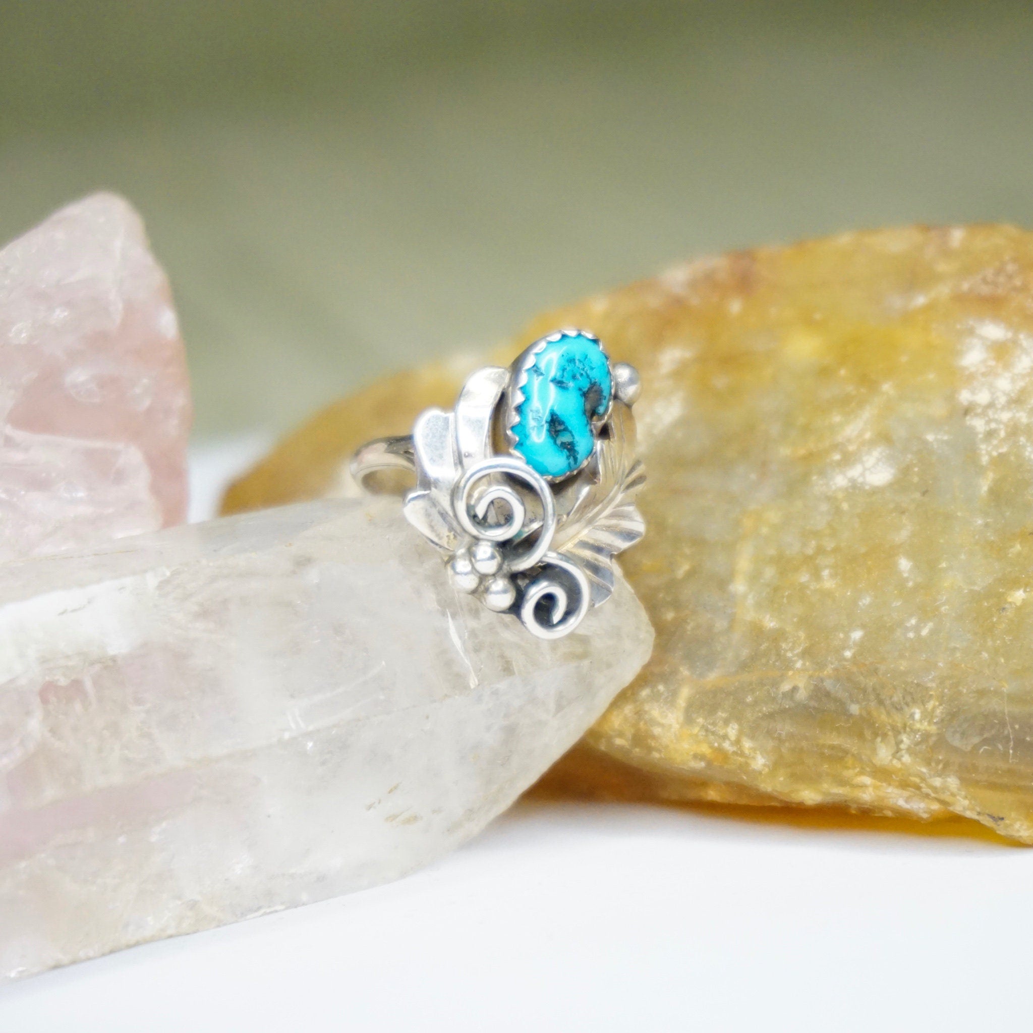 Vintage Sterling Silver Turquoise Ring, HN Sterling Ring With Turquoise And Silver Leaf Details, Natural Turquoise, Native American Jewelry