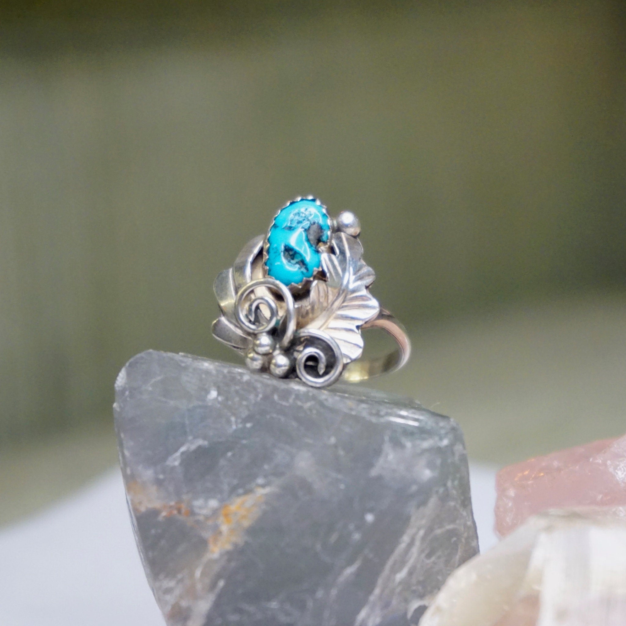 Vintage Sterling Silver Turquoise Ring, HN Sterling Ring With Turquoise And Silver Leaf Details, Natural Turquoise, Native American Jewelry