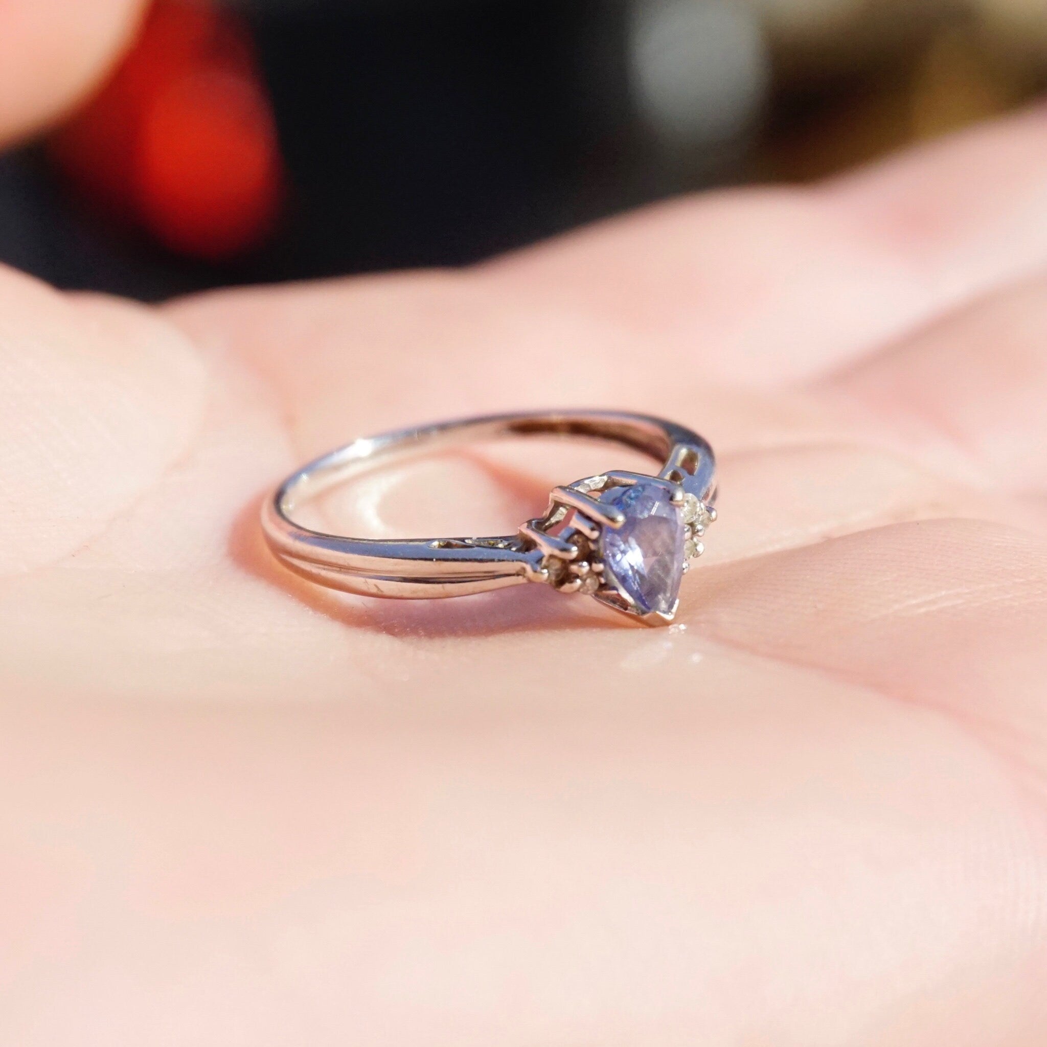 Vintage 14K White Gold Synthetic Sapphire & Diamond Ring, Beautiful Engagement Ring With Pear Cut Sapphire Stone and Accent Diamonds