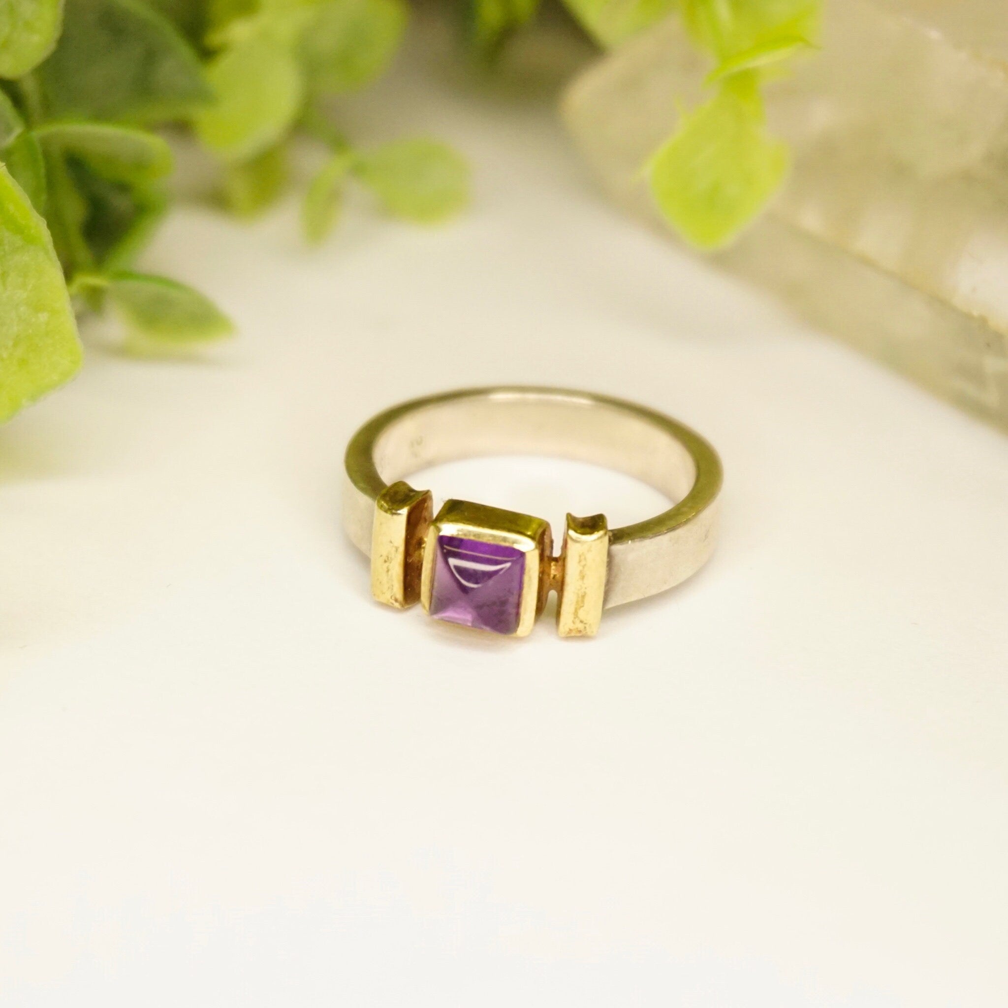 Vintage Amethyst 14K Gold Overlay Sterling Silver Ring, Beautiful Silver Ring With Gold Accents and Purple Stone, 14K Sterling Ring