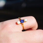 Vintage 14K Gold Synthetic Opal And Sapphire Ring, Beautiful 3-Stone Ring With Vertical Setting, Iridescent Gold Ring With Blue Stone, 14K