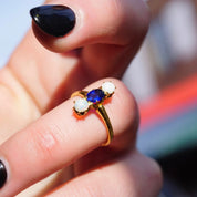 Vintage 14K Gold Synthetic Opal And Sapphire Ring, Beautiful 3-Stone Ring With Vertical Setting, Iridescent Gold Ring With Blue Stone, 14K